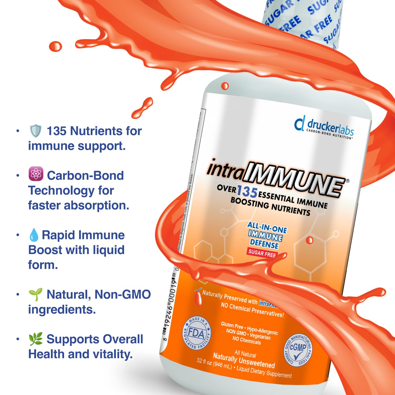 Drucker Labs -intraIMMUNE Organic Liquid Daily Immune & Defense Support, Multivitamin, Elderberry, Echinacea, Zinc, Vitamin D, C E, Vegan, Non GMO, Gluten Free (32 oz., Sugar Free Peach Berry) intraIMMUNE Au supplements