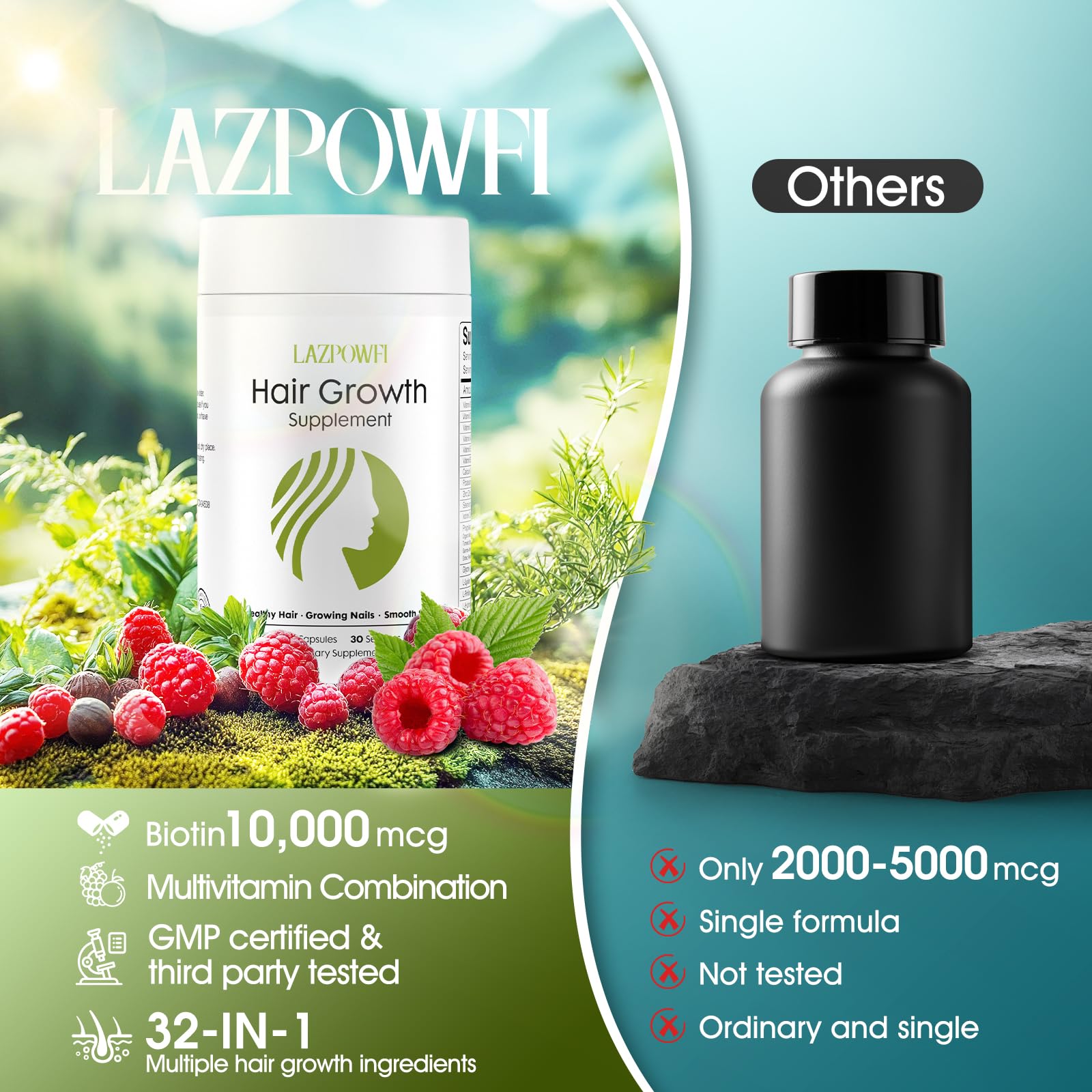 Lazpowfi Hair Growth Supplement, Biotin 10000mcg, 32-in-1 with Vitamin A, B3, C, Magnesium, Calcium, Hair Growth Products, Supports Hair & Nails Natural Growth Vitamins, for Women & Men - 30 Servings Lazpowfi Au supplements