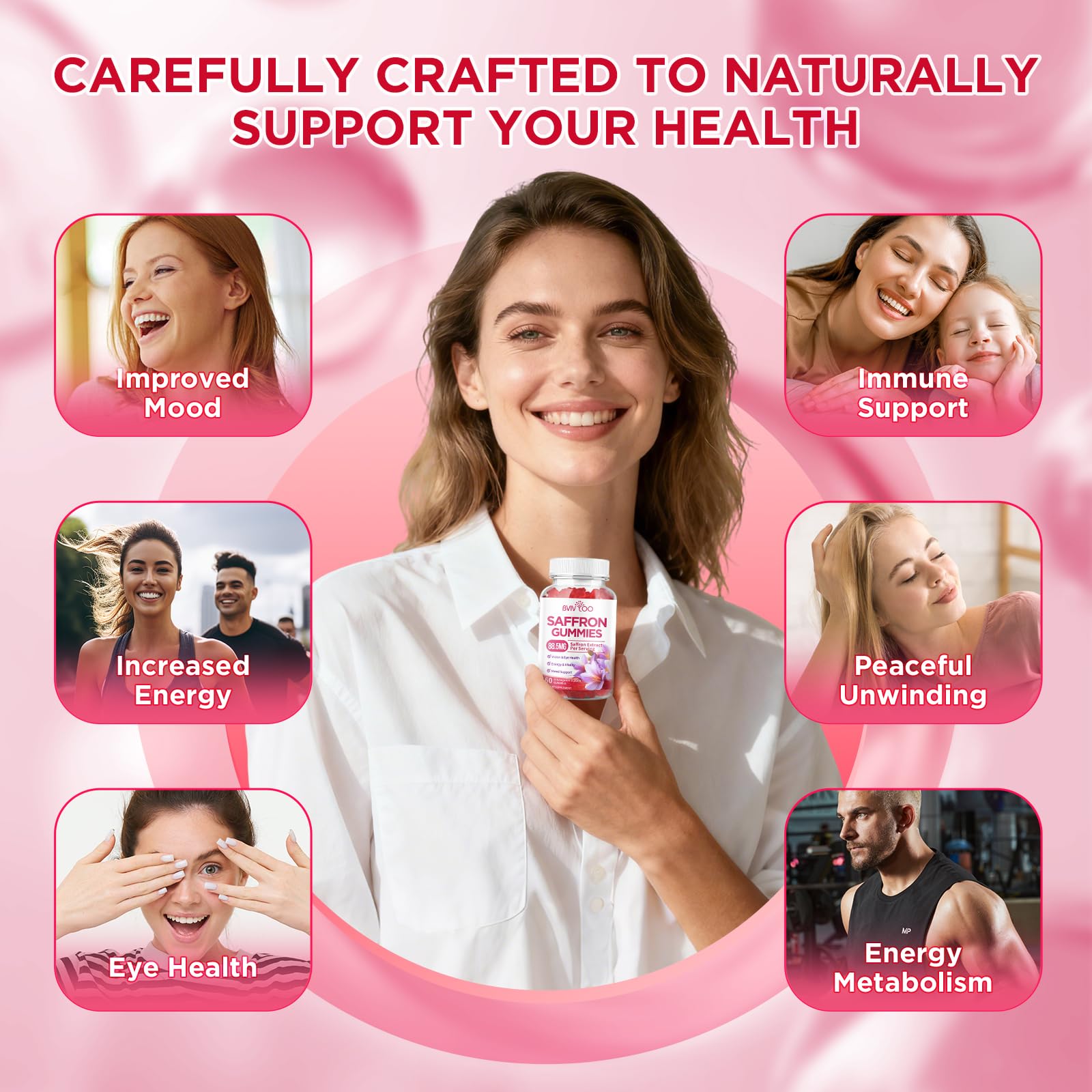 Saffron Gummies for Adult Kids, 10-IN-1 Formula with Saffron 88.5mg, Vitamins D3 & B6, Magnesium, Zinc, Ashwagandha, L-Theanine, St. John's Wort - Supports Mood & Focus, Strawberry Flavor, 60 Count BVIVLOO Au supplements