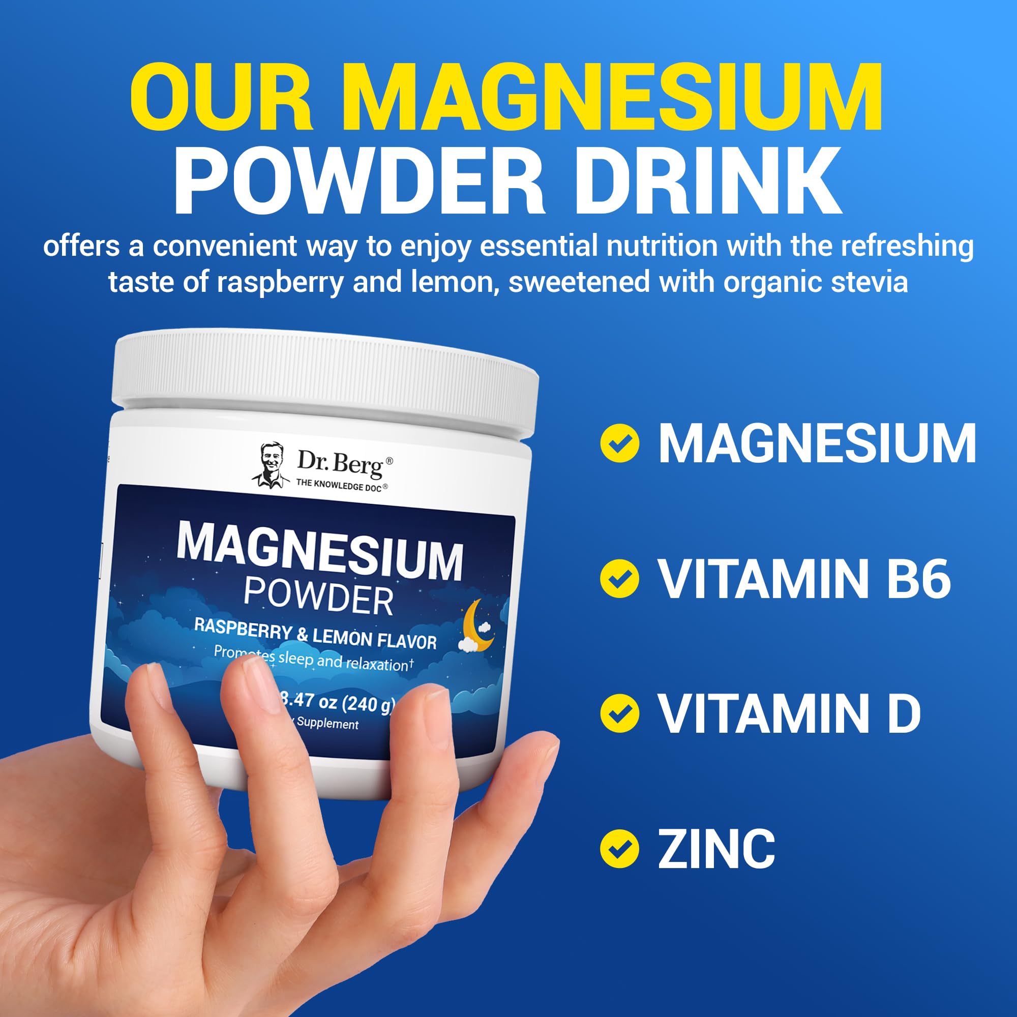 Dr. Berg Magnesium Glycinate Powder for Sleep, Relaxation, & Stress Relief - Now Includes Vitamin D3 & Zinc - Delicious Raspberry & Lemon Flavor (50 Servings) Magnesium Powder - Magnesium Drink Powder Dr. Berg Nutritionals Au supplements