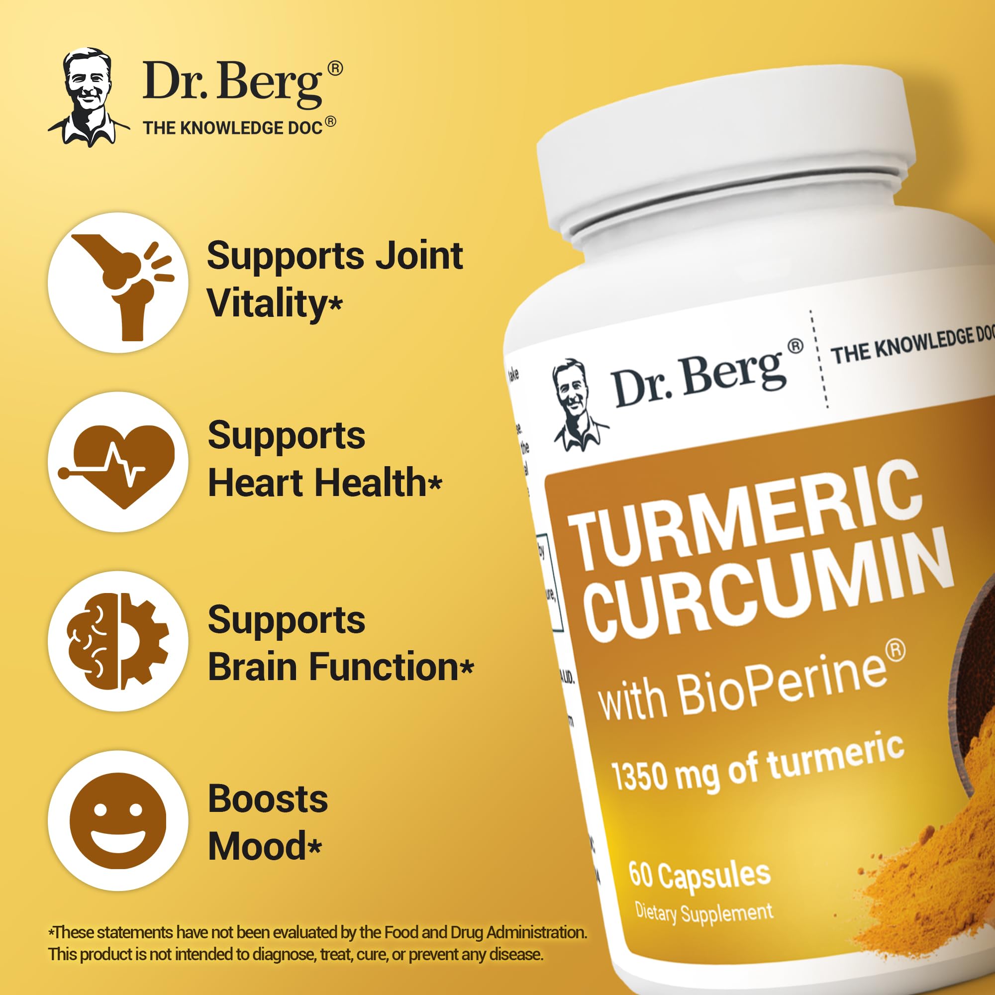 Dr. Berg (Only 2 Per Day) Turmeric Supplement with Black Pepper (BioPerine) - 1350 mg Turmeric Curcumin Supplement with 95% Curcuminoids – Turmeric Curcumin with Black Pepper – 60 Turmeric Capsules Dr. Berg Nutritionals Au supplements