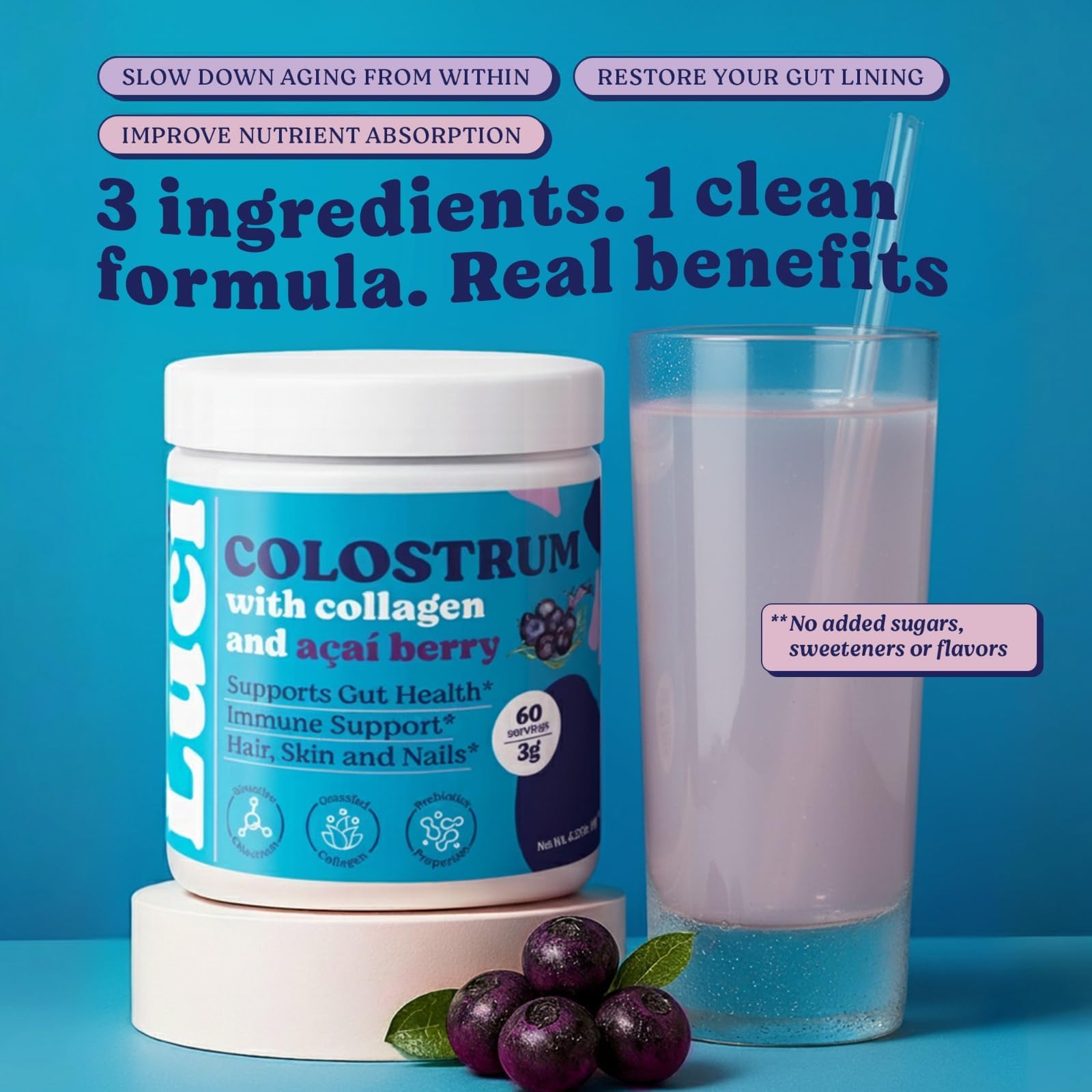Luci Colostrum Powder 60 Servings, 3 in 1 with Collagen Peptides and Acai, Bovine Colostrum for Gut Health, Bloating, Collagen Protein for Muscle, Skin, Hair, Nails and Immunity, Gluten & Fat Free Luci Nutrition Au supplements