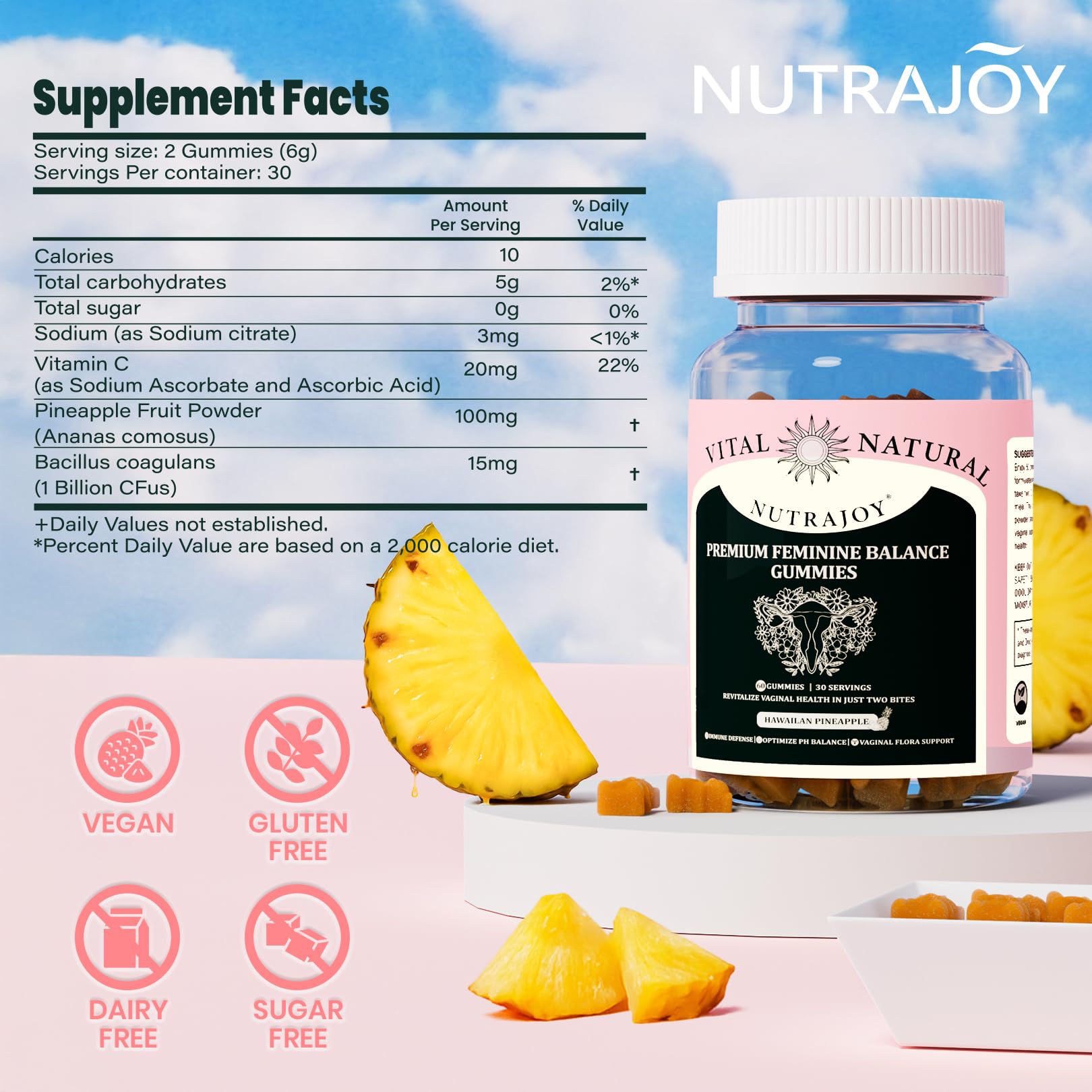 NUTRAJOY Premium Feminine Balance Gummies, for Women's Ph Health, Vaginal Wellness Support, Immune Support, Energy Support, Hawaiian Pineapple, Vegan Gluten-Free, 60 Gummies NUTRAJOY Au supplements