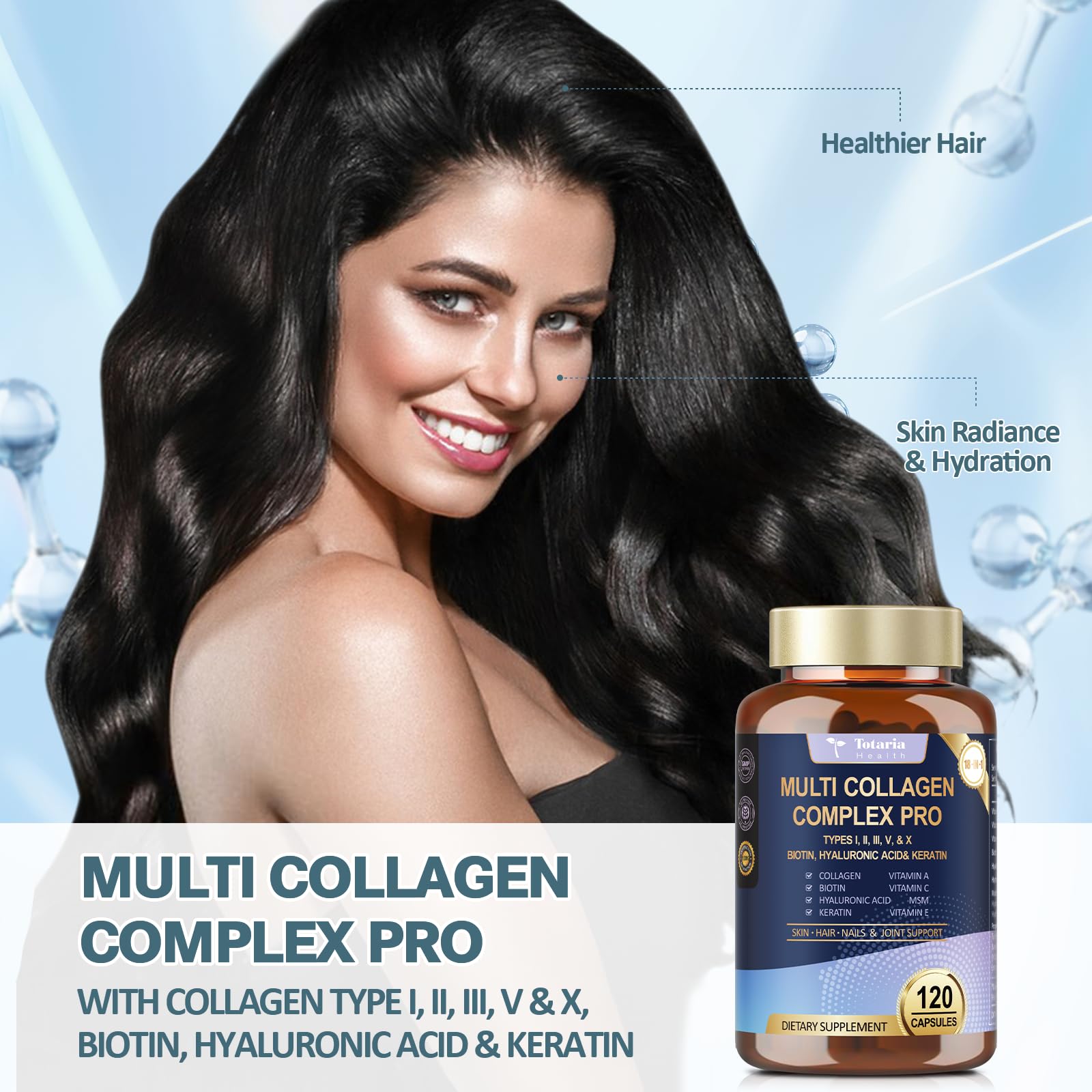 18-in-1 Collagen Pro with Hyaluronic Acid, Keratin, Biotin, VIT A C & E for Skin, Hair, Nails, Joint & Beauty - Multi Collagen Peptides Capsules with Type I II III V & X for Women & Men - 120 Caps Totaria Au supplements