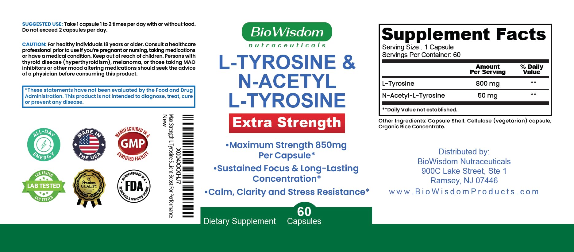 Max Strength L Tyrosine Supplement & N Acetyl L Tyrosine Peak Focus, Alertness, Concentration, Body & Mind Energy. L-Tyrosine 850mg Per 1 Capsule. A Well-Being Nutrient Boost For Performance BioWisdom Nutraceuticals Au supplements