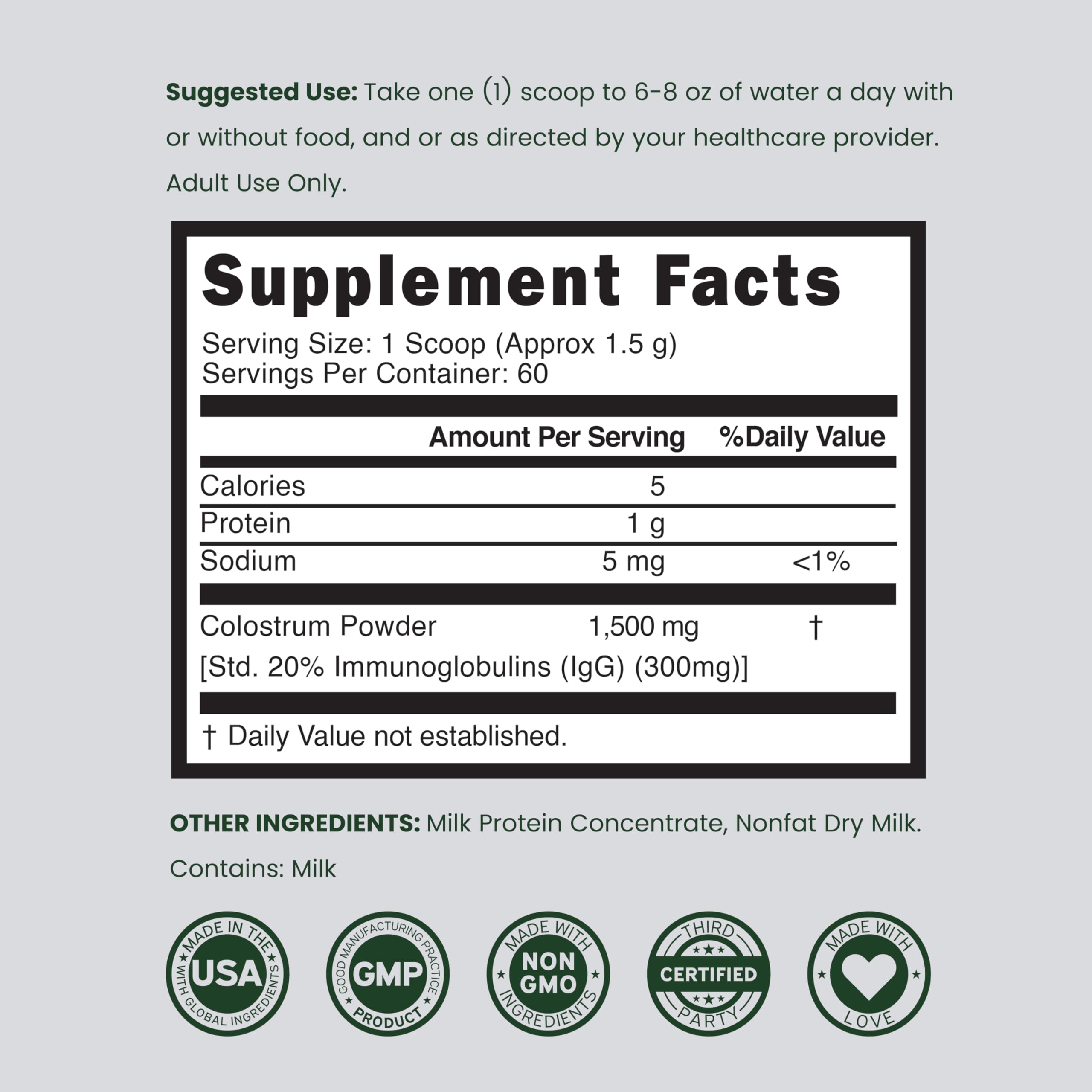 Colostrum Supplement Powder 90g (60 Servings of 1.5g Pure Bovine Colostrum Std. to Contain 20% IgG Immunoglobulins) Grass Fed Powder - No Fillers, Third Party Tested, Unflavored & Non-GMO DORADO NUTRITION Au supplements