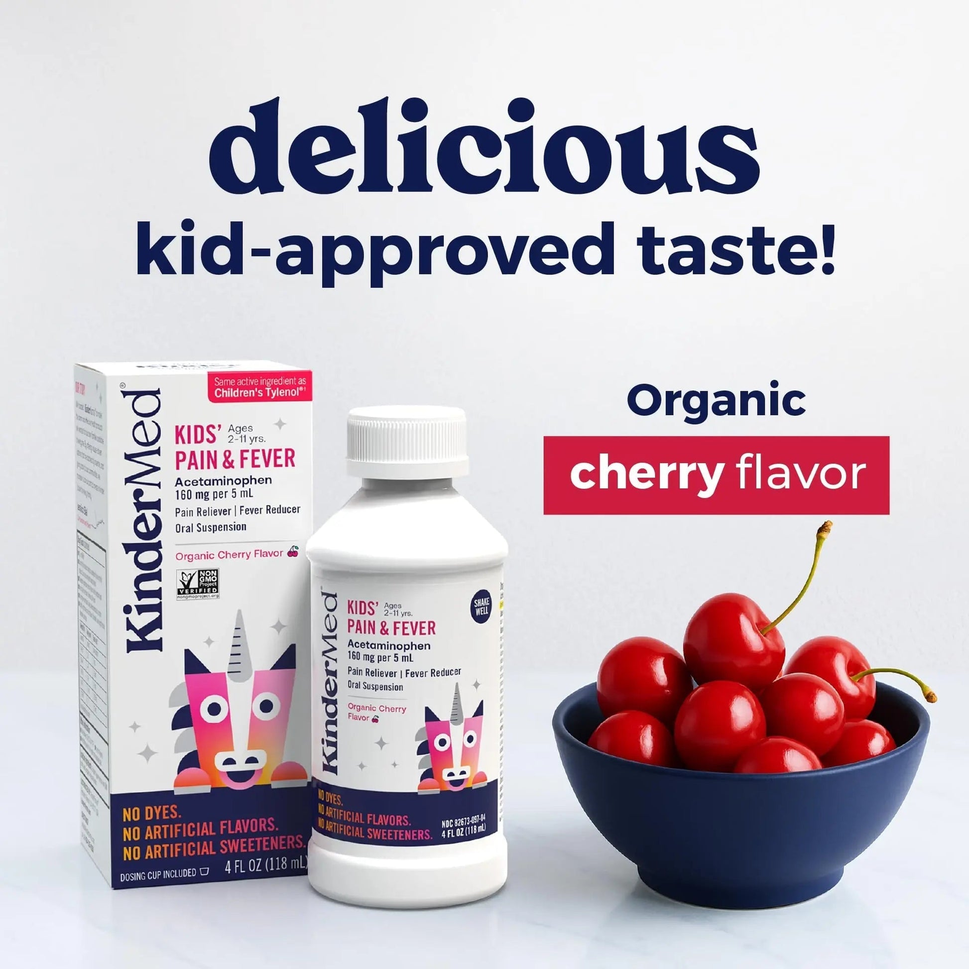KinderMed Kids' Pain & Fever Medicine, for Ages 2-11 Years, No Dyes, No Artificial Flavors, No Artificial Sweeteners, Vegan, Non-GMO, Gluten Free, Organic Cherry Flavor, Two Pack, 2 x 4 fl. oz KinderMed Au supplements