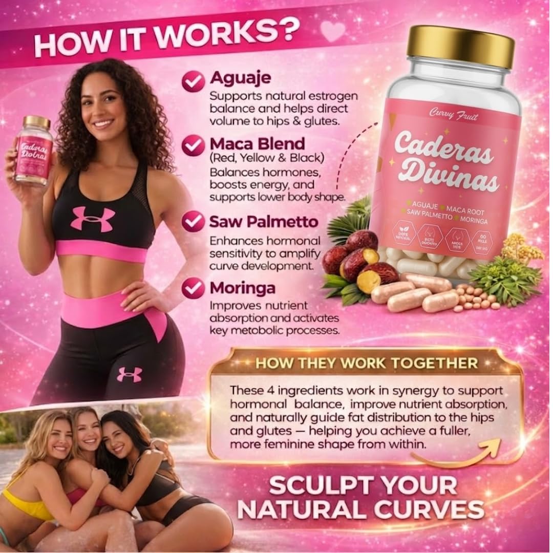 Caderas Divinas : Bigger Booty & Wider Hips – Aguaje + Maca Pills with Moringa & Saw Palmetto – 4 Super Ingredients for Natural Curve Growth – by CurvyFruit – 60 Capsules Curvy Fruit Au supplements