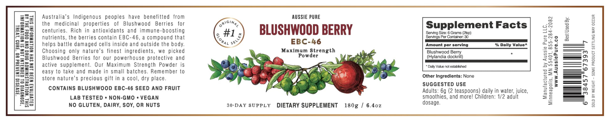 Aussie Pure Blushwood Berry Powder EBC-46 - Maximum Strength Immune and Cell Support - Contains The Fruit and Seed - 180g/6.4oz Per Container Aussie Pure Au supplements