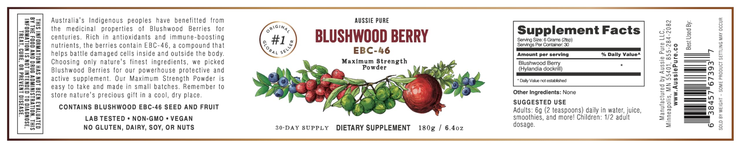Aussie Pure Blushwood Berry Powder EBC-46 - Maximum Strength Immune and Cell Support - Contains The Fruit and Seed - 180g/6.4oz Per Container Aussie Pure Au supplements