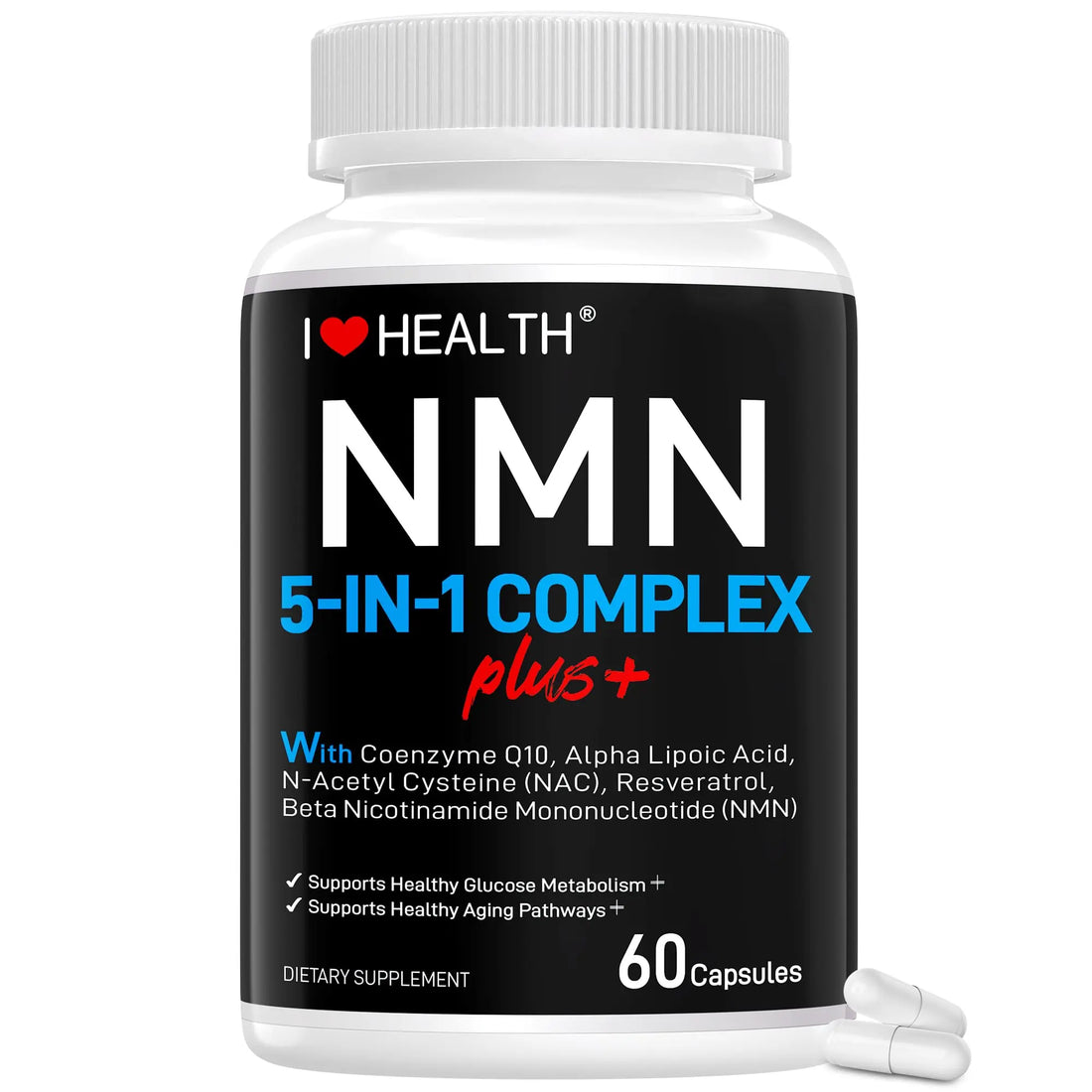 I LOVE HEALTH NMN Complex Plus+ for Women & Men with NAC, Alpha Lipoic Acid, CoQ10 & Resveratrol – 5-in-1 Cellular Energy & Healthy Aging Support – 60 Capsules, Non-GMO, Made in USA I LOVE HEALTH uk supplements