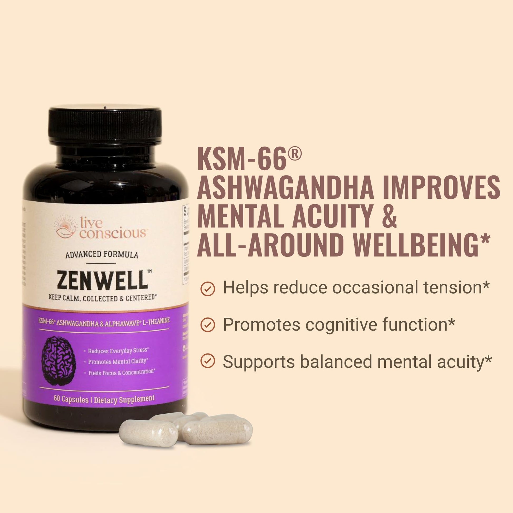 Live Conscious KSM-66 Ashwagandha Supplement w/L Theanine & AlphaWave - ZenWell Everyday Stress Relief, Cognitive, Brain Health - Ashwagandha for Men & Women - 60 Capsules Live Conscious Au supplements