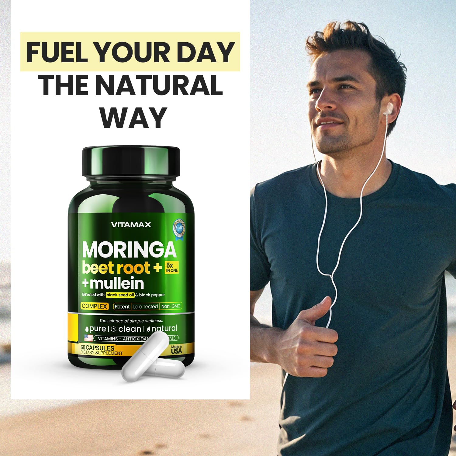 Moringa Capsules, Beet Root, Mullein Leaf - Energy, Skin, Immune Supplement Superfood, Rich in Antioxidants, Minerals & Essential Vitamins - High Absorption Non-GMO - Made in USA - 60ct Vitamax Au supplements