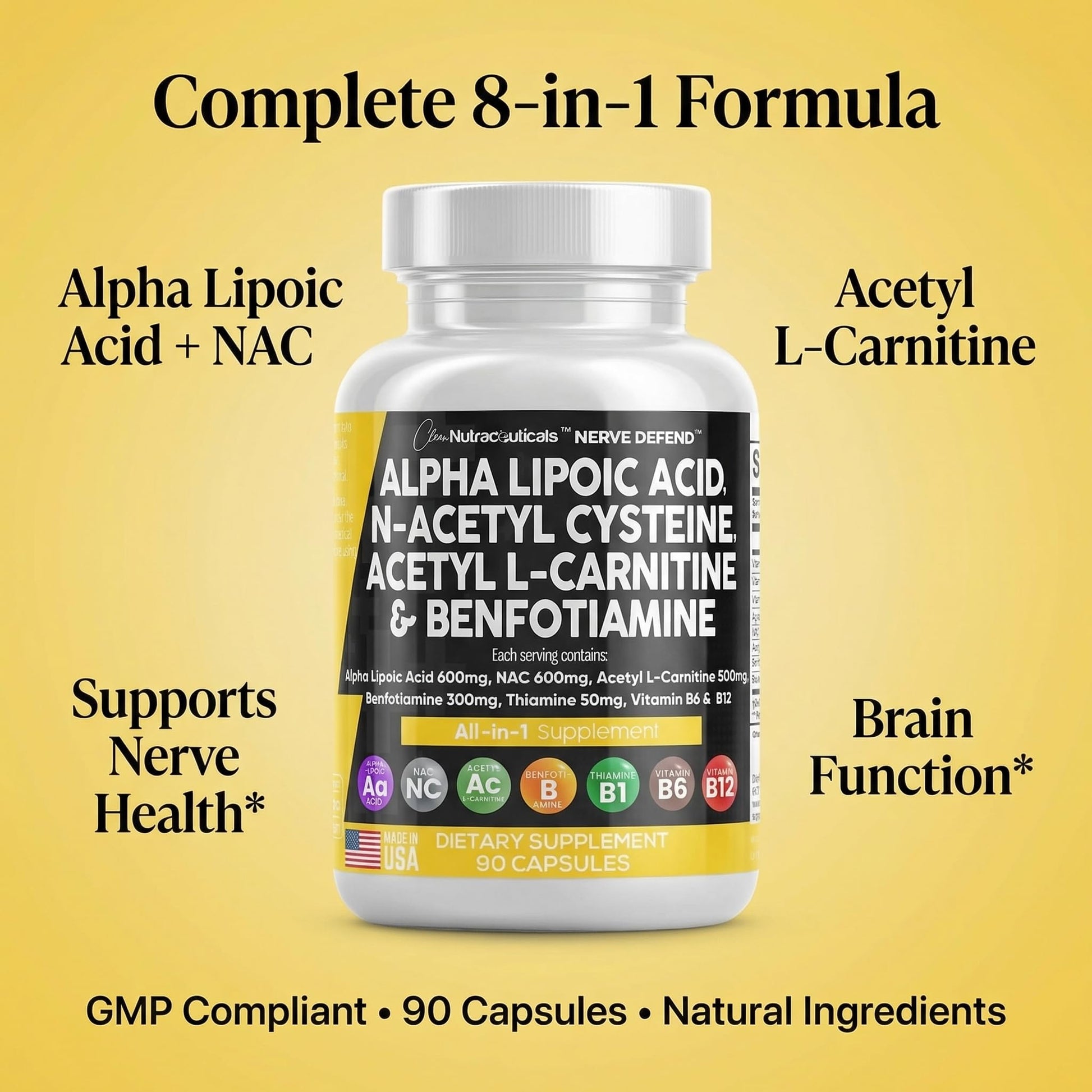 Alpha Lipoic Acid 600mg N-Acetyl Cysteine 600mg Acetyl L-Carnitine 500mg Benfotiamine 300mg - Nerve Support Supplement for Women and Men with Vitamin B1 B6 & B12 - Made in USA 90 Caps Clean Nutraceuticals Au supplements