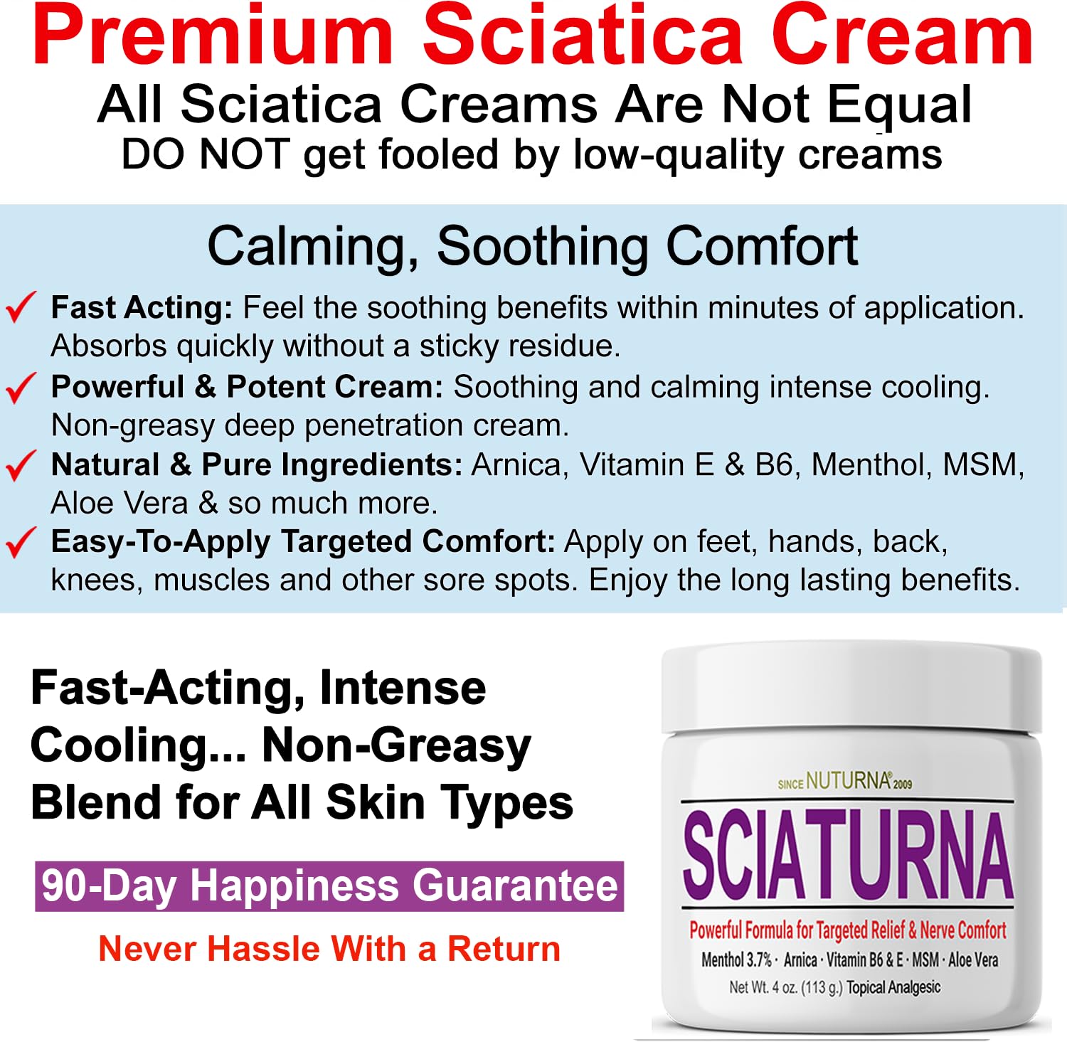 Sciatica Nerve Cream - Maximum Strength Comfort Cream for Feet, Hands, Legs, Toes, Back - Natural Ultra Strength Arnica, MSM, Menthol, Soothing Comfort, 2 Oz Nuturna Au supplements