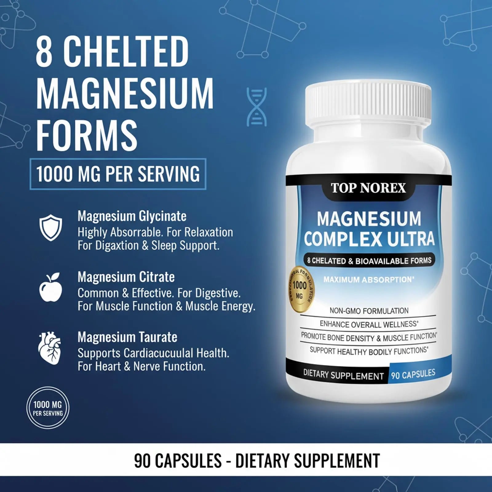 Top Norex Magnesium Complex Ultra - 8 Elemental 1000mg Magnesium Blend, Easy Absorption, 90 Capsules (1) Top Norex Au supplements