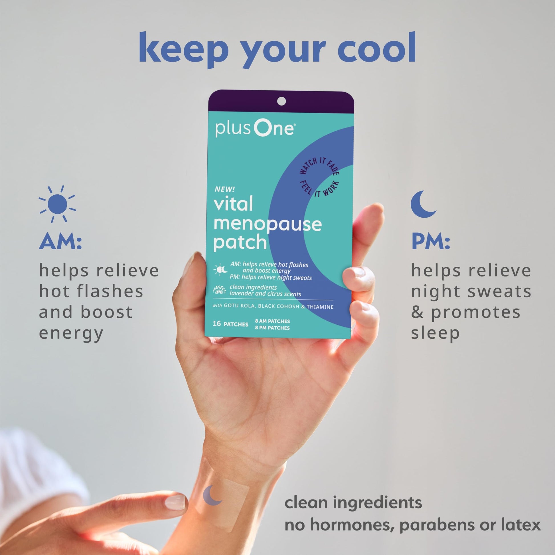 plusOne Vital Menopause Patches AM & PM – Hot Flash & Night Sweat Support – Promotes Energy & Sleep – Herbal Arjuna Daily Patches – 16ct plusOne Au supplements