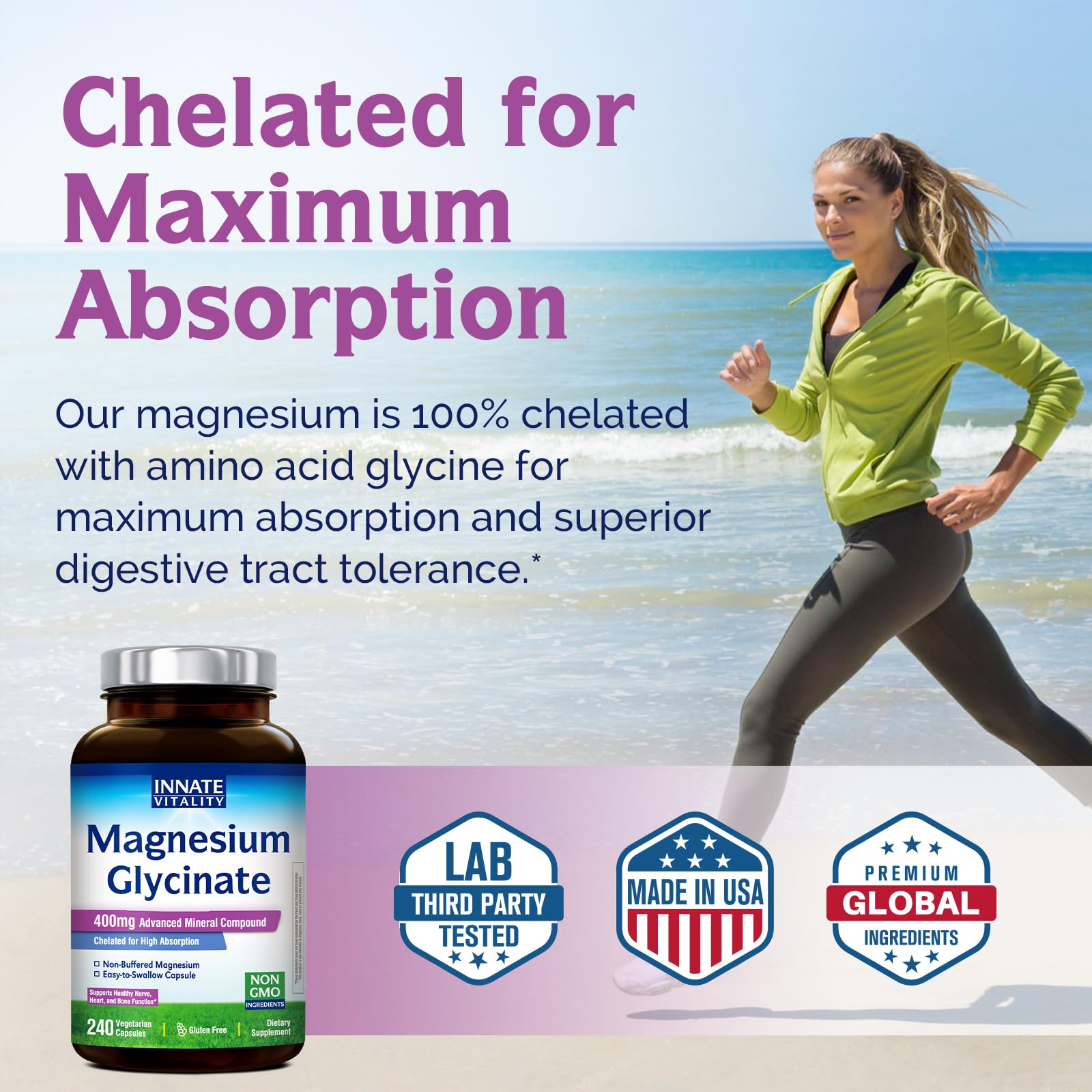 Innate Vitality Magnesium Glycinate 400mg, Non Buffered & High Absorption Magnesium Supplement for Sleep, Relaxation, Heart & Bone Health for Men & Women, Non-GMO, No Gluten, 240 Vegan Capsules Innate Vitality Au supplements