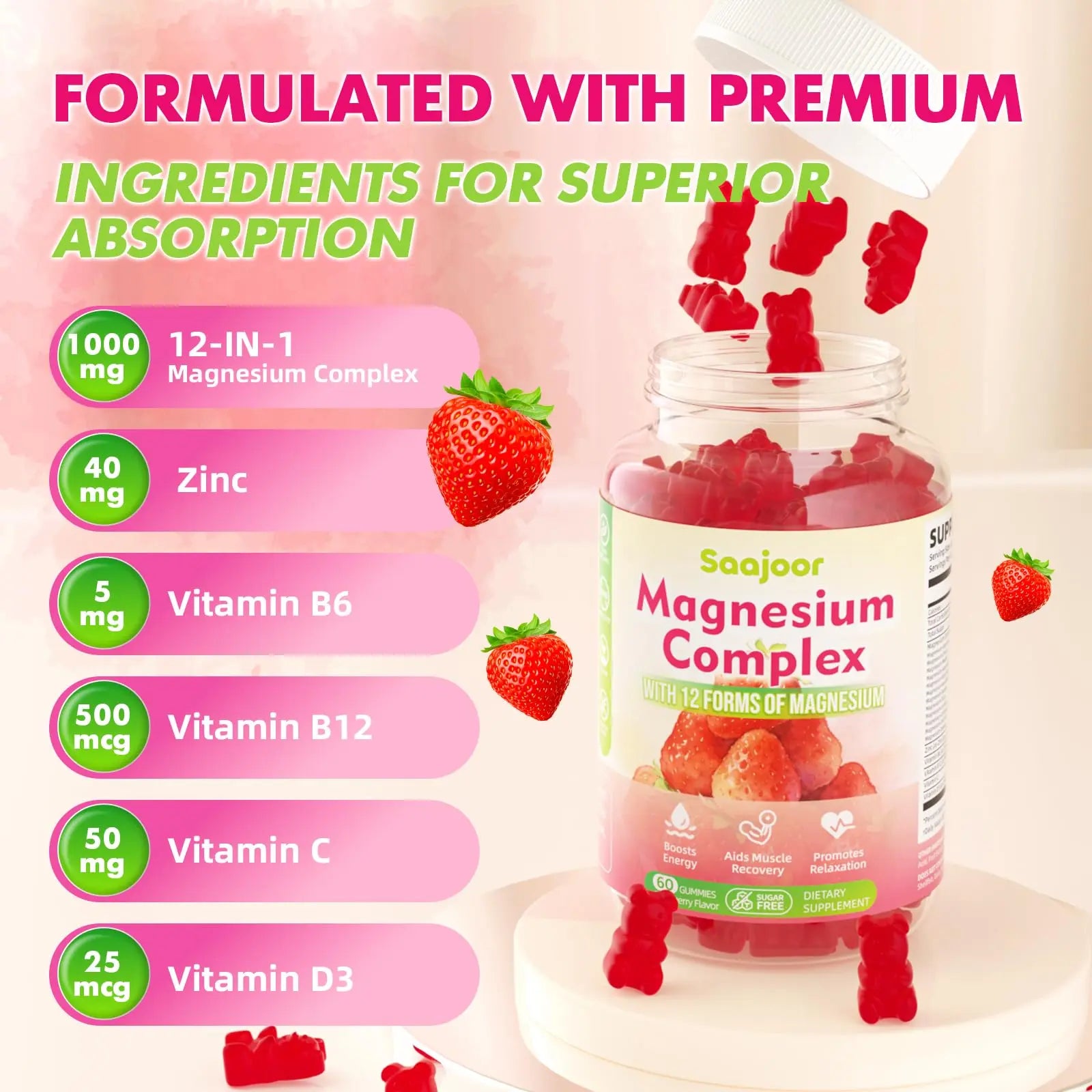 Magnesium Complex Gummies – with 12 Forms of Magnesium (Citrate, Glycinate, Malate, Oxide, and More) Plus Vitamins B6, B12, and C. for Women and Men – Strawberry Flavor, 60 Count Saajoor Au supplements