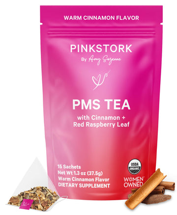 Pink Stork Organic PMS Tea for Hormone Balance, Mood Swings, Bloating, and Period Regularity - 8 Herbs - Vitex, Red Raspberry Leaf, Chamomile - Caffeine-Free - 15 Sachets, Hot or Iced Pink Stork Au supplements