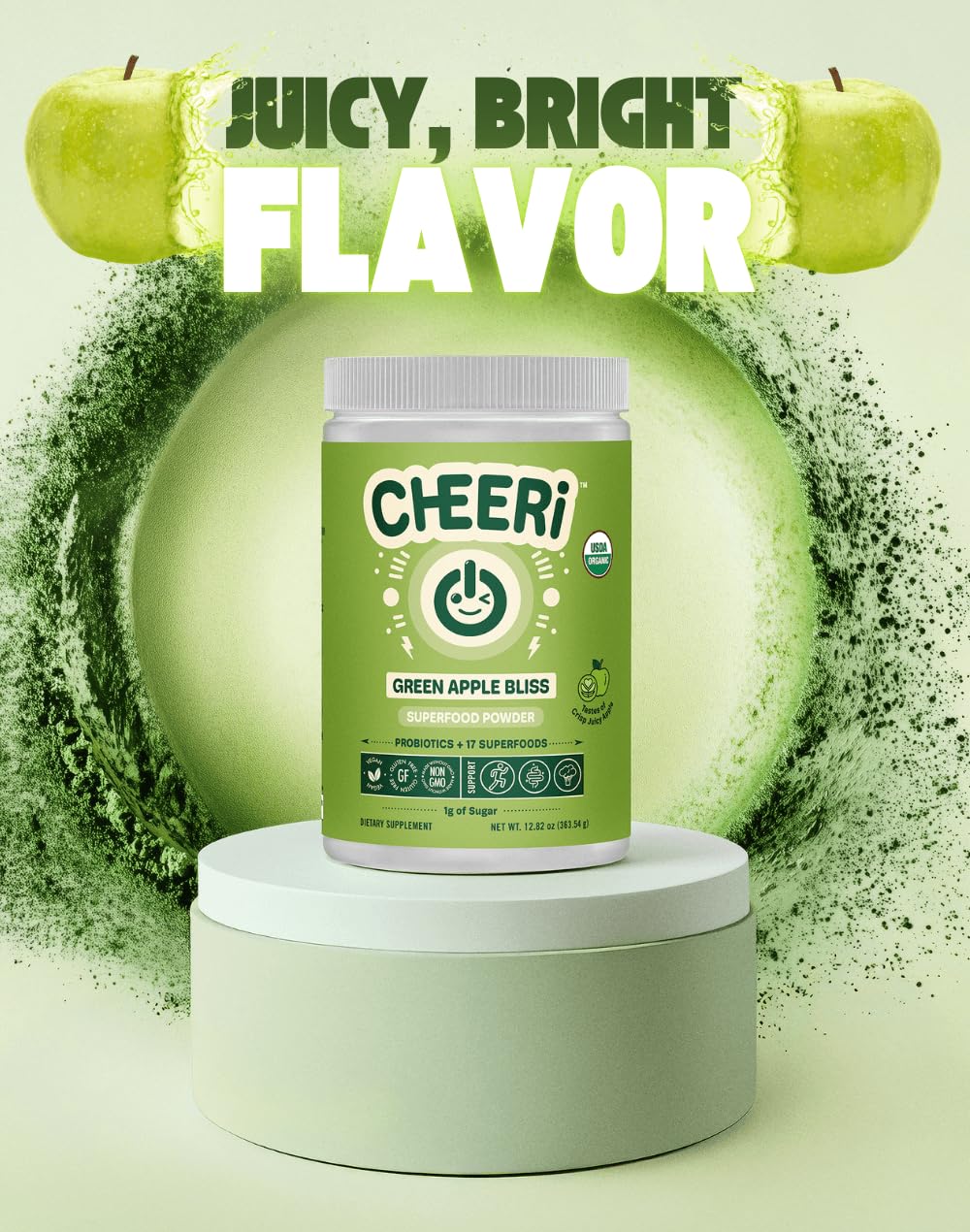 Cheerific Green Apple Bliss Superfood Powder - 20+ Organic Superfoods + Prebiotic & Probiotics + More - Keto Friendly - Supports Positive Mood, Gut Health - Vegan, Gluten Free, Non-GMO - 30 Day Supply Cheerific Au supplements