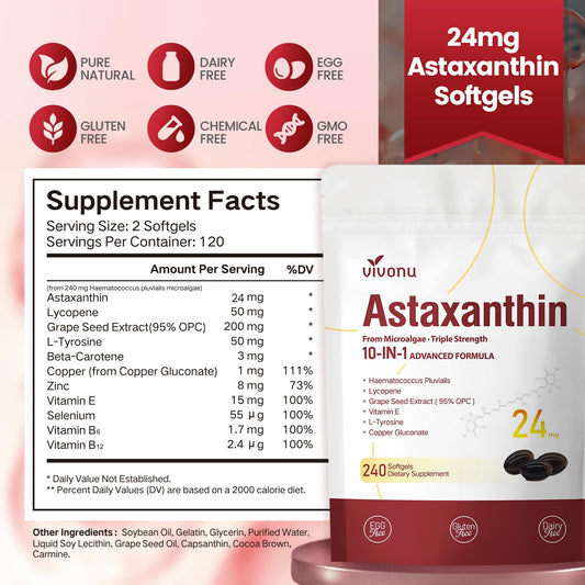10 in 1 Astaxanthin Supplements 24mg, 4 Month Supply, Astaxantina Antioxidant from Fresh Haematococcus Pluvialis, Contains Lycopene, Grape Seed, Vitamin E VivoNuUS supplements