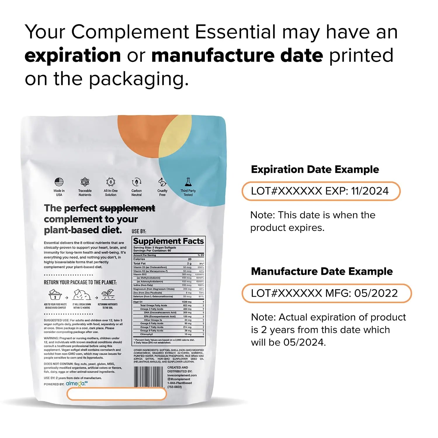 Complement Essential Vegan Multivitamin for Men & Women (30 Servings, 90 Capsules) with Omega-3 DHA & EPA, B12, Vitamin D3 & K2, Zinc, Selenium Complement Au supplements