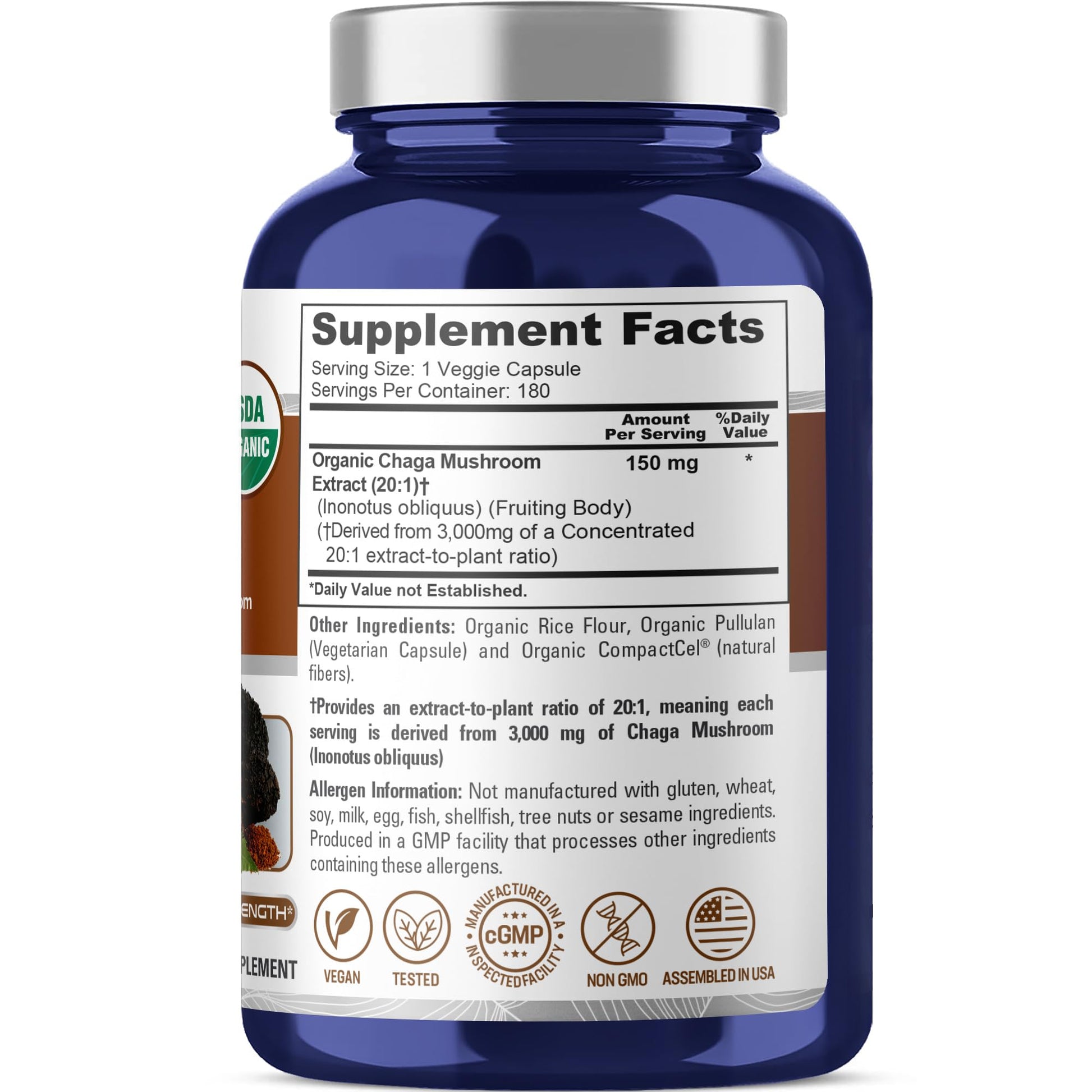 NusaPure Chaga Mushroom 20:1 Extract, 150 mg Equivalent to 3,000mg per Veggie Capsule, 180 Count, USDA Organic, Vegan, Non-GMO NusaPure Au supplements