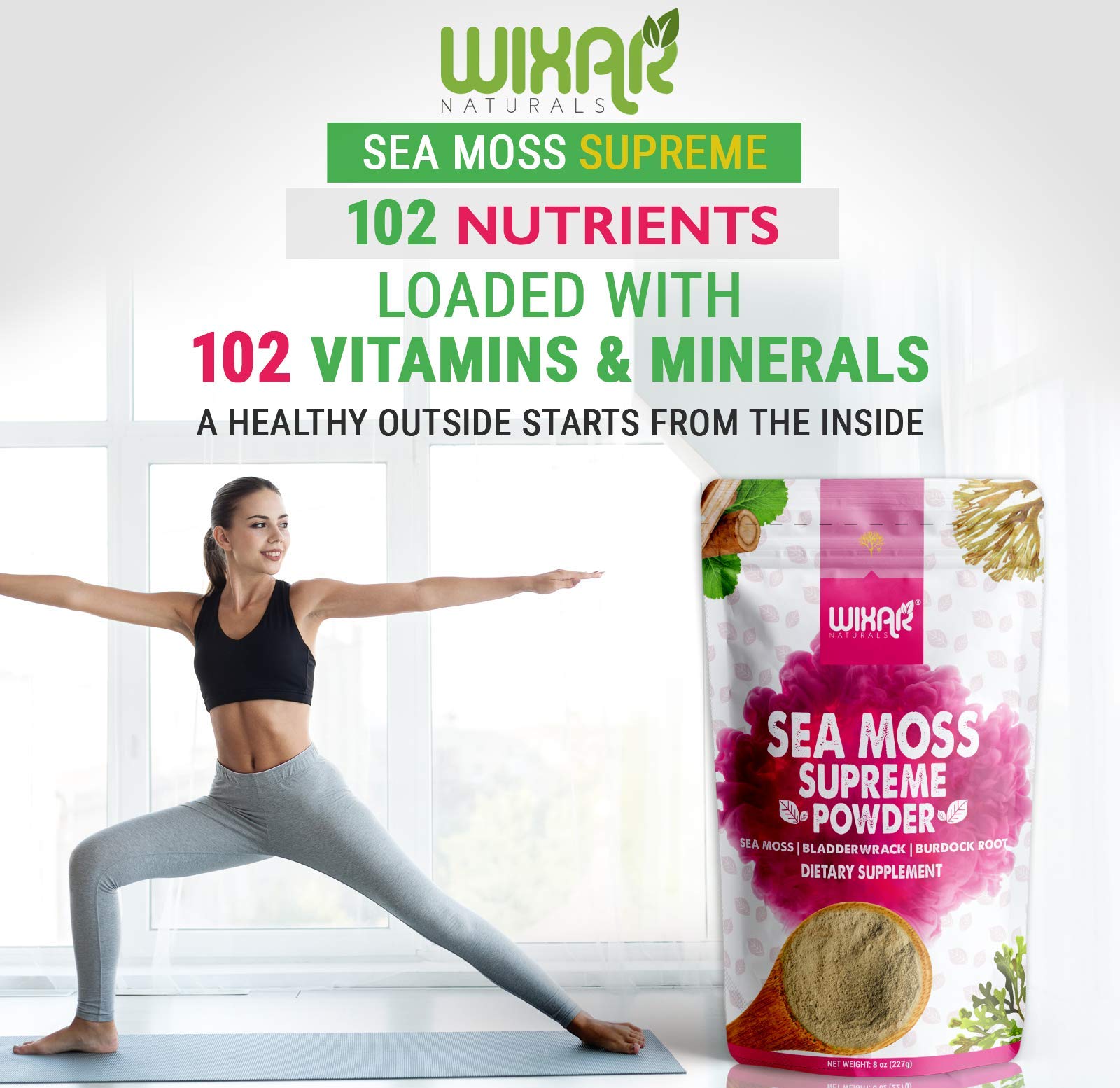 Wixar Wildcrafted Sea Moss Powder – (8 Ounces) – Natural Irish Sea Moss and Bladderwrack with Burdock Powder - Thyroid Support, Healthy Skin, Keto Detox, Joint Support Alkaline Supplements WIXAR NATURALS Au supplements