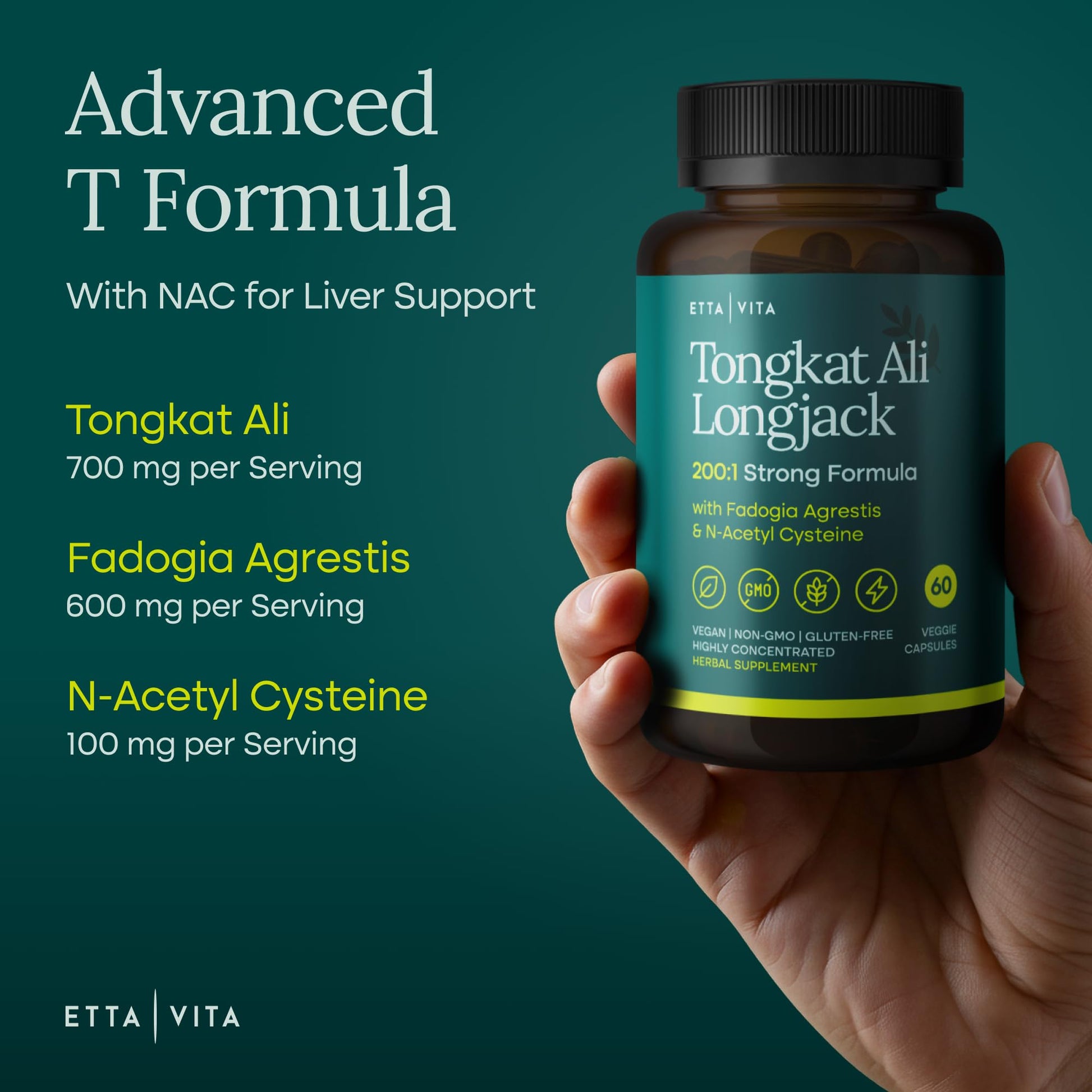 Potent Longjack - Tongkat Ali & Fadogia Agrestis Supplement for Men & Womens Energy, T Support, Lean Muscle Growth & Recovery, Hormonal Balance, Pre-Workout with Vegan NAC Liver Detox & Cleanse Etta Vita Au supplements