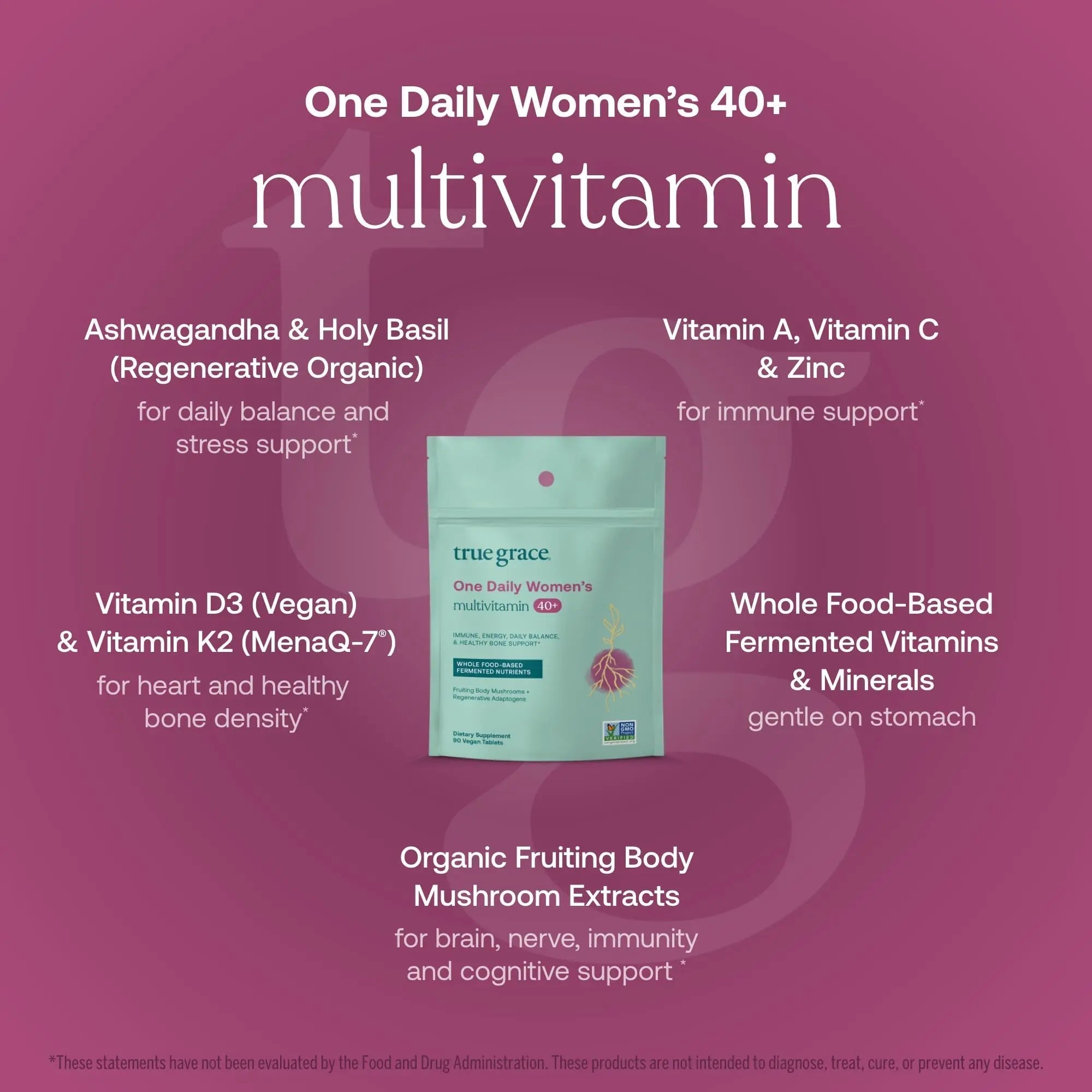 True Grace One Daily Women’s Multivitamin 40+ Fermented Minerals, Organic Adaptogens & Mushrooms Energy, Immune, Bone Support True Grace Au supplements