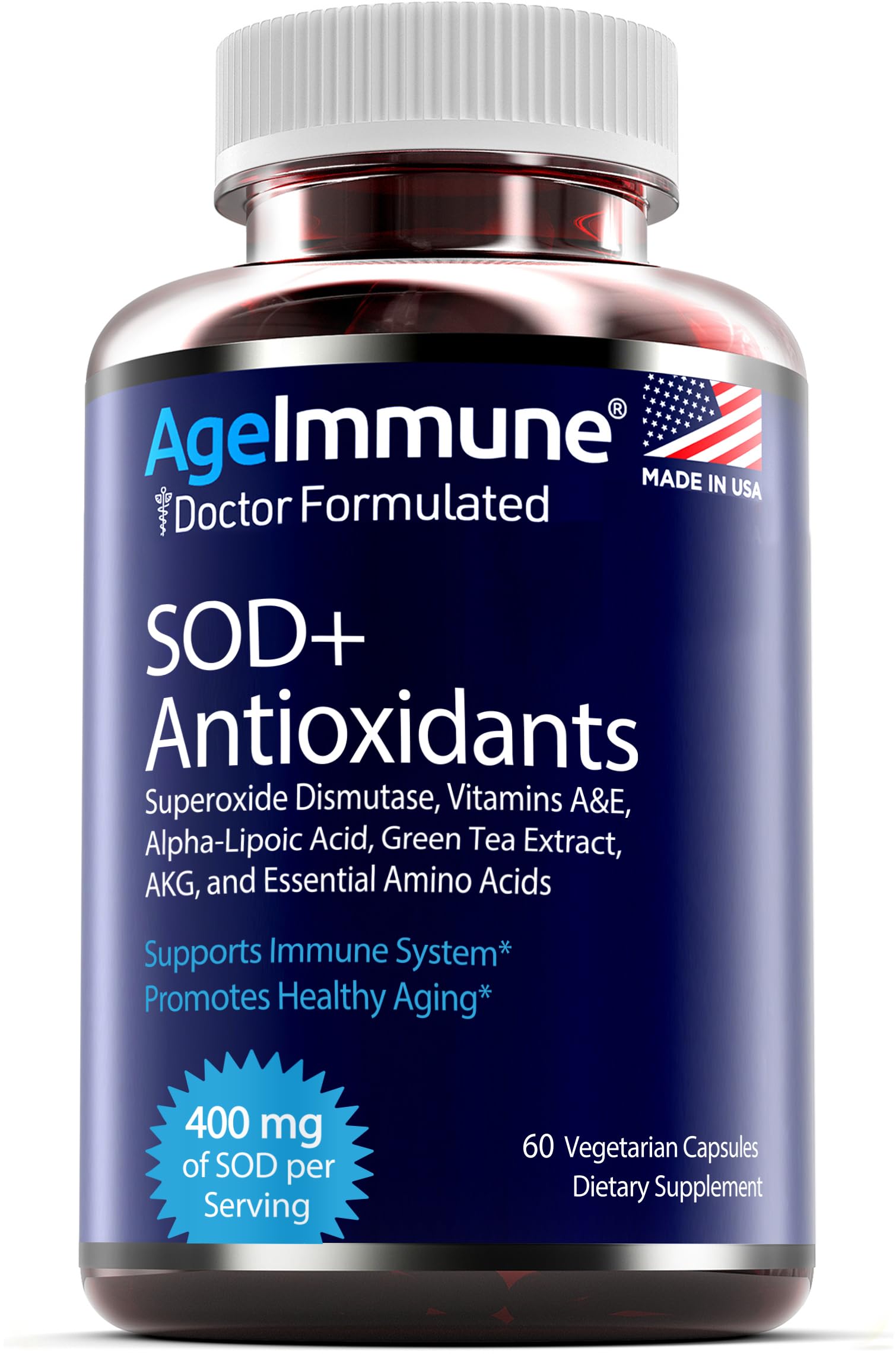 SOD Antioxidants Complex Healthy Aging Supplement - 400mg of Superoxide Dismutase - Alpha Lipoic Acid - L-Arginine -Lysine - AKG - Vitamin A - Vitamin E for Immune Support-60 Capsules AgeImmune Au supplements