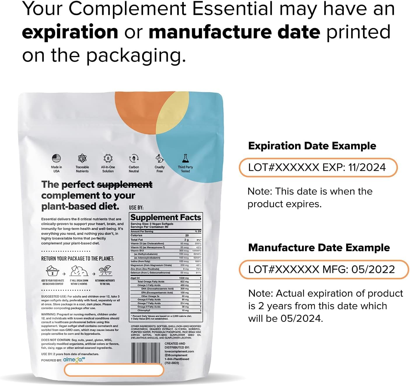 Complement Essential Vegan Multivitamin for Men & Women (30 Servings, 90 Capsules) with Omega-3 DHA & EPA, B12, Vitamin D3 & K2, Zinc, Selenium, Magnesium, Iodine - Supports Immunity & Overall Health Complement Au supplements