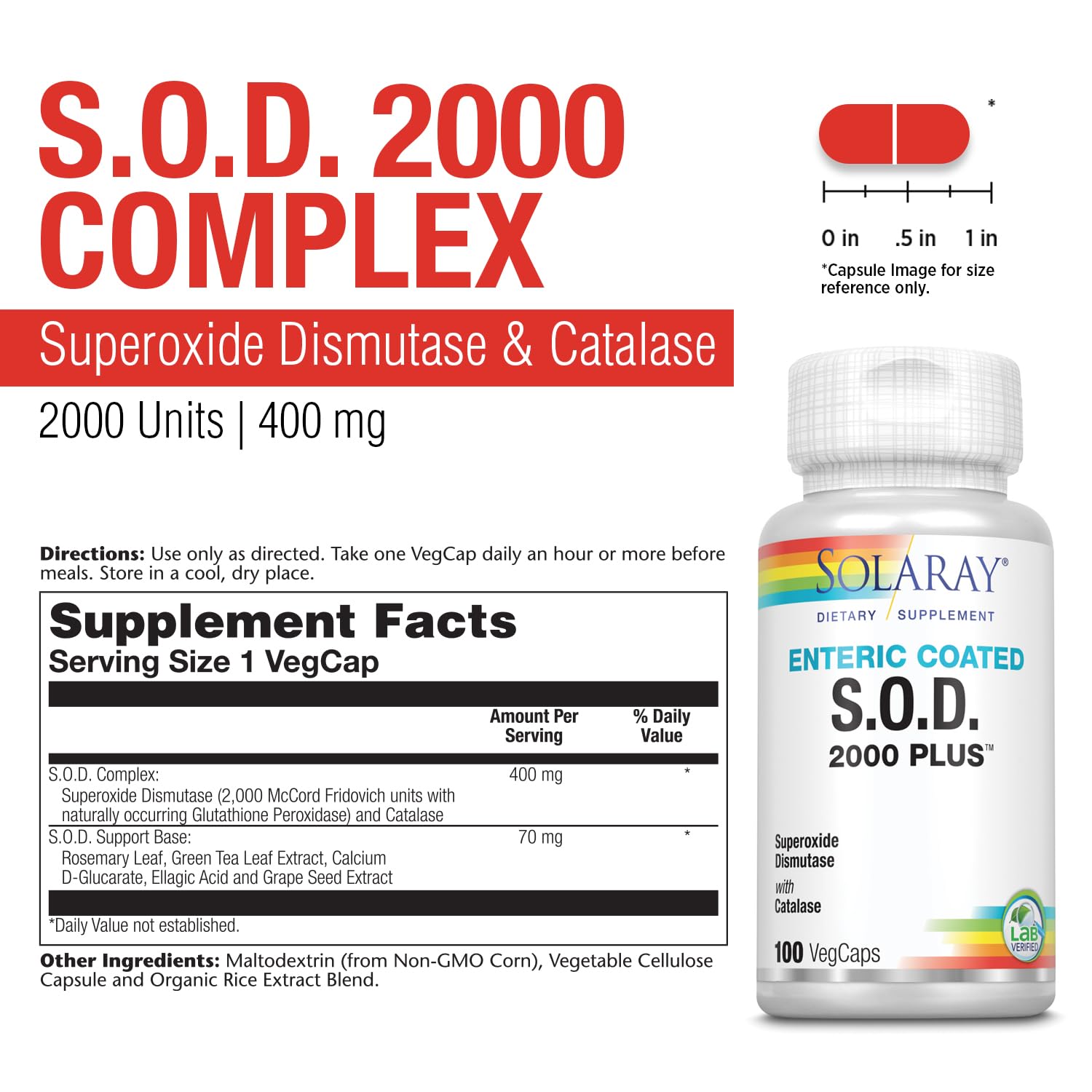 SOLARAY S.O.D. 2000 Plus - Superoxide Dismutase (SOD) and Catalase Antioxidant Supplement, Wellness Support - w/Green Tea Extract, Calcium, Rosemary, Grape Seed Extract, 60-Day Guarantee, 100 Servings SOLARAY Au supplements