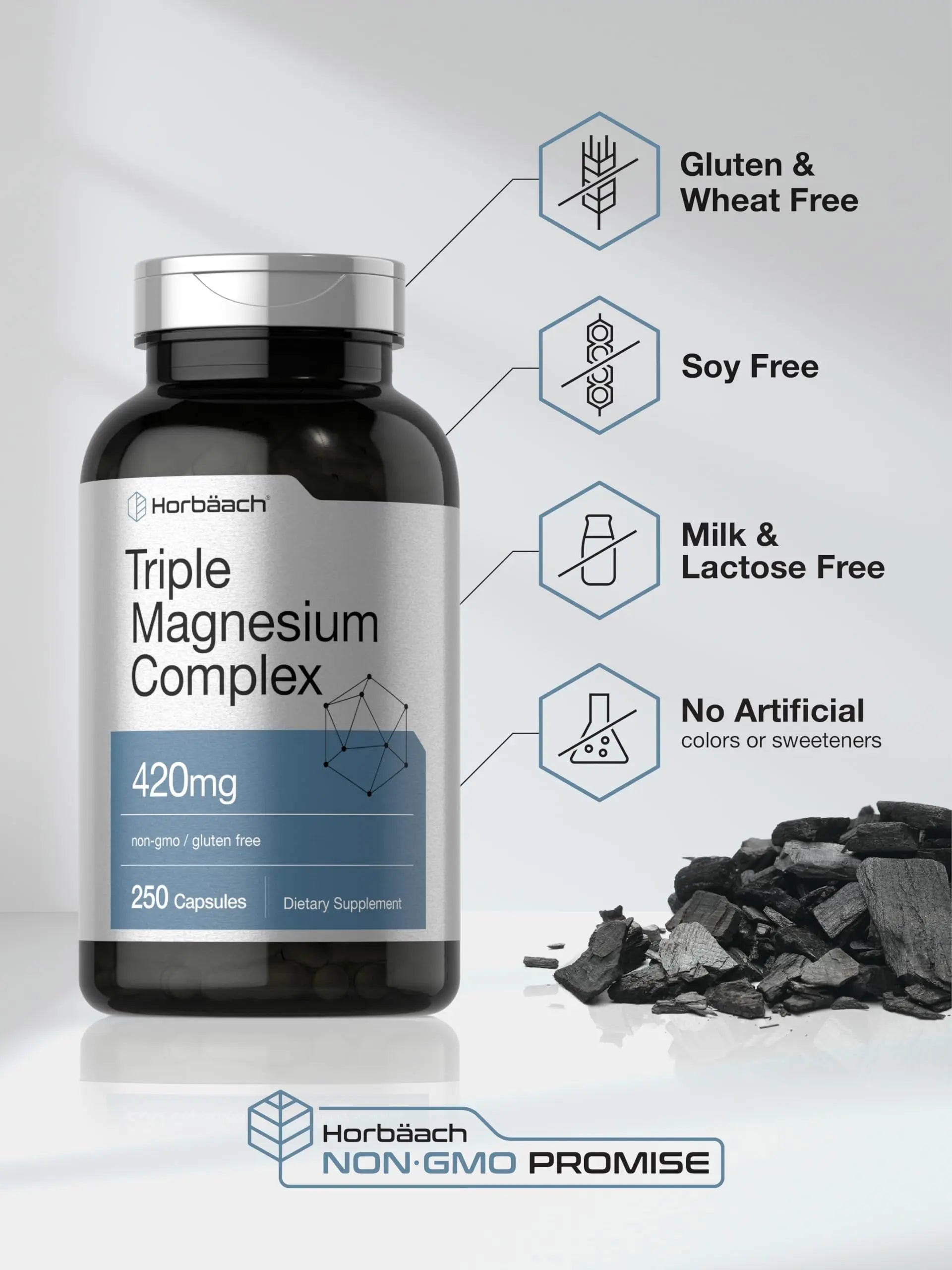 Horbäach Triple Magnesium Complex | 420 mg | 250 Capsules | Non-GMO and Gluten Free Formula | Magnesium Oxide, Citrate, and Aspartate Dietary Supplement Horbäach Au supplements