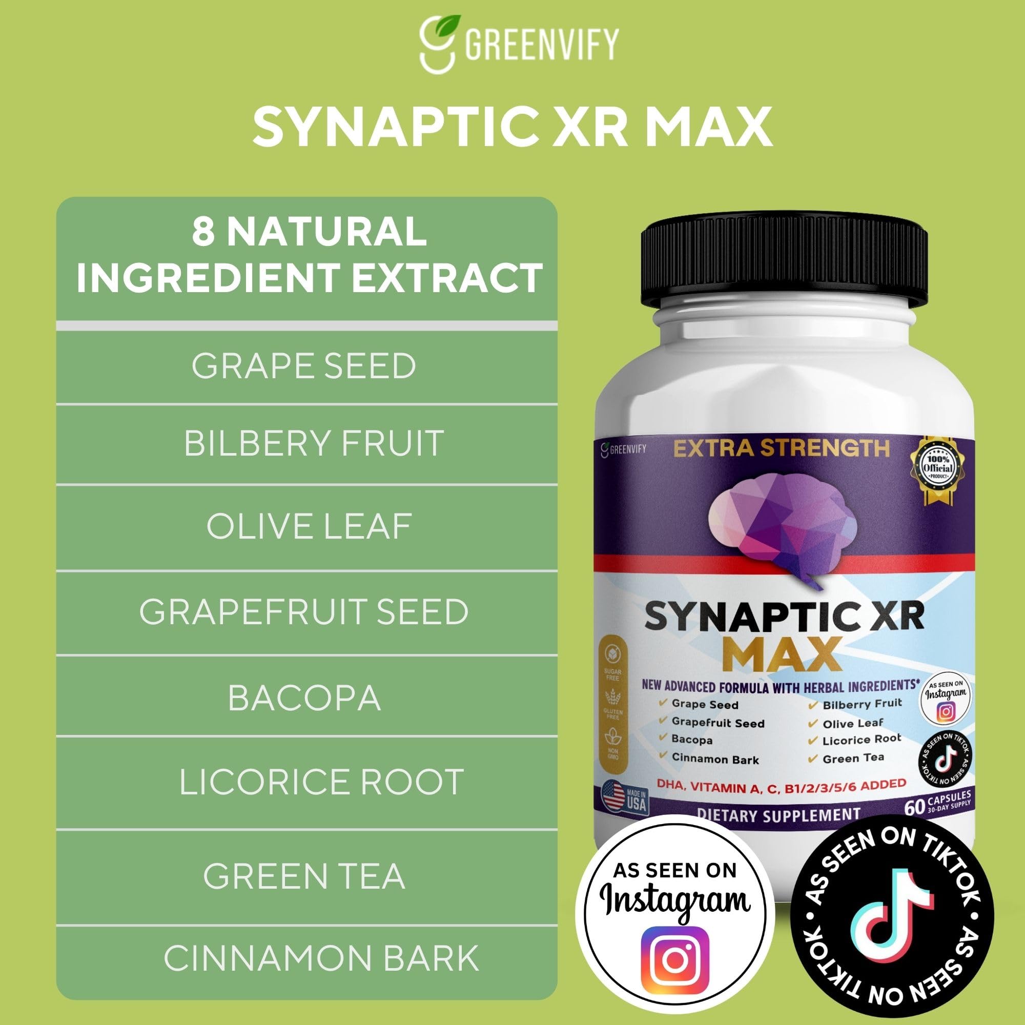 GREENVIFY Synaptic XR Max Extra Strength Brain Support Supplement with Herbal Ingredients, 60 Capsules, DHA Vitamins, Nootropic Formula (1) GREENVIFY Au supplements