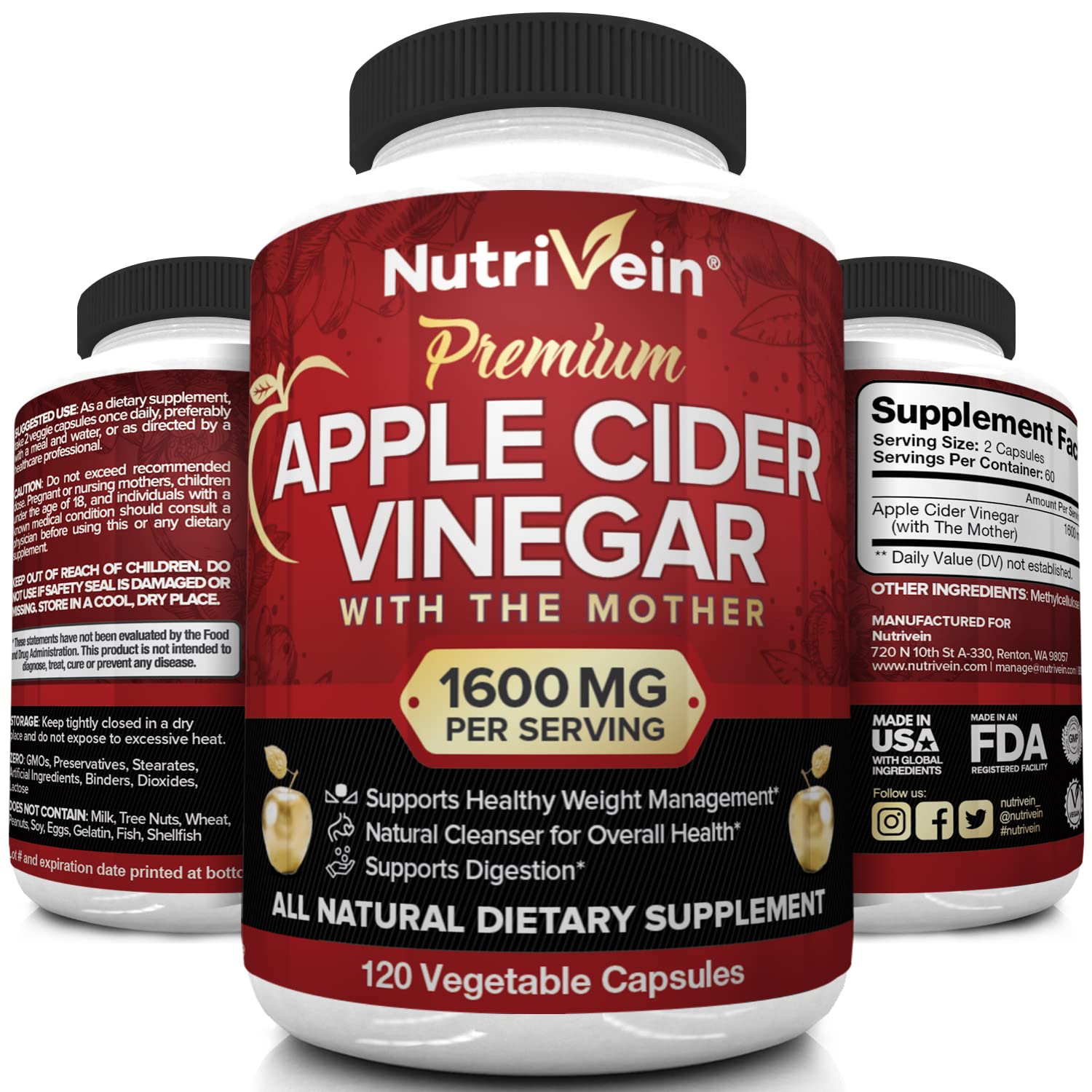 Nutrivein Apple Cider Vinegar Capsules with Mother - 1600mg - 120 Vegan Nutrivein Au supplements