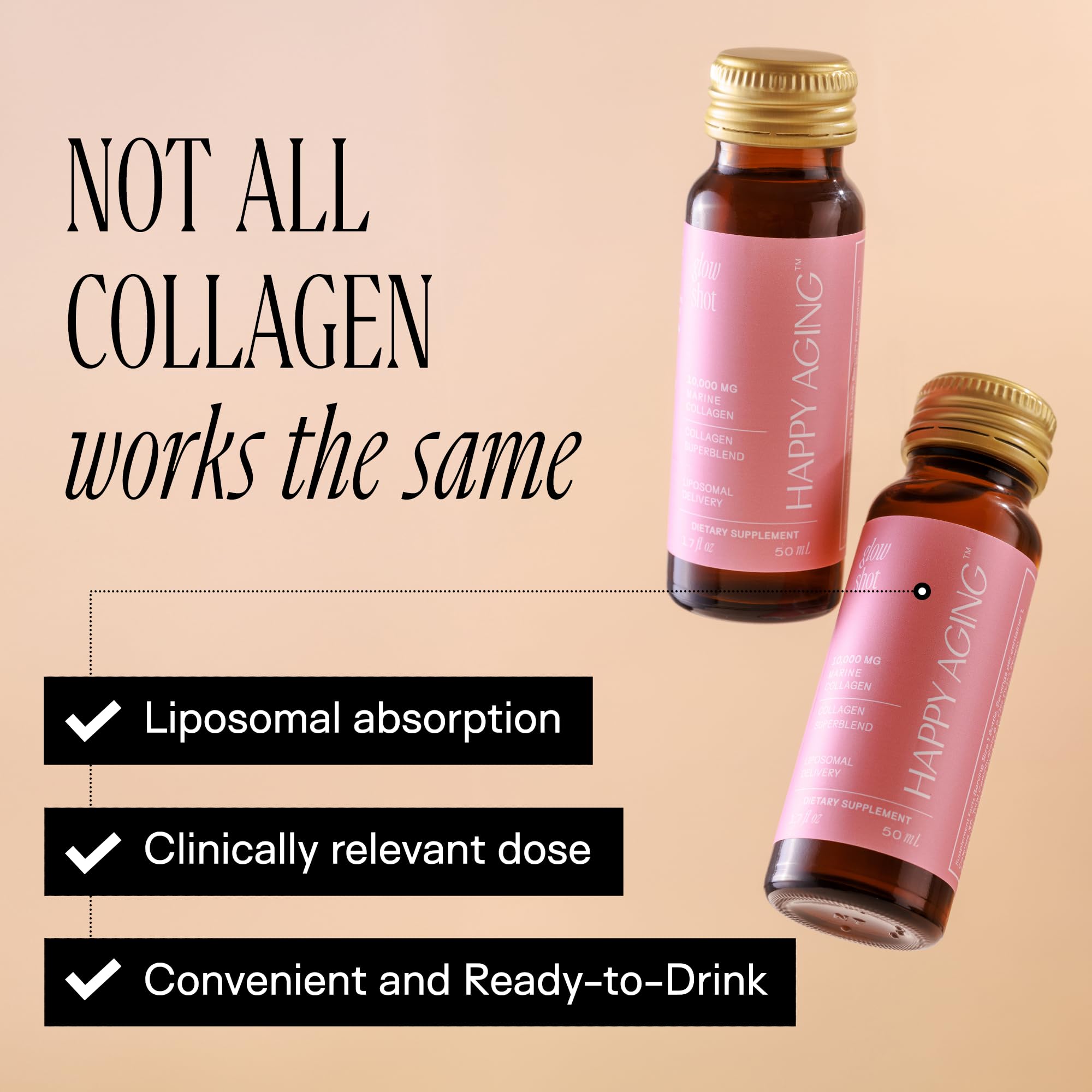 Happy Aging Marine Collagen Peptides Glow Shot 10,000mg - Liquid Collagen for Women with Liposomal Delivery - Promotes Skin Hydration, Elasticity & Radiance - Supports Hair & Nails, 10 Shots Happy Aging Au supplements