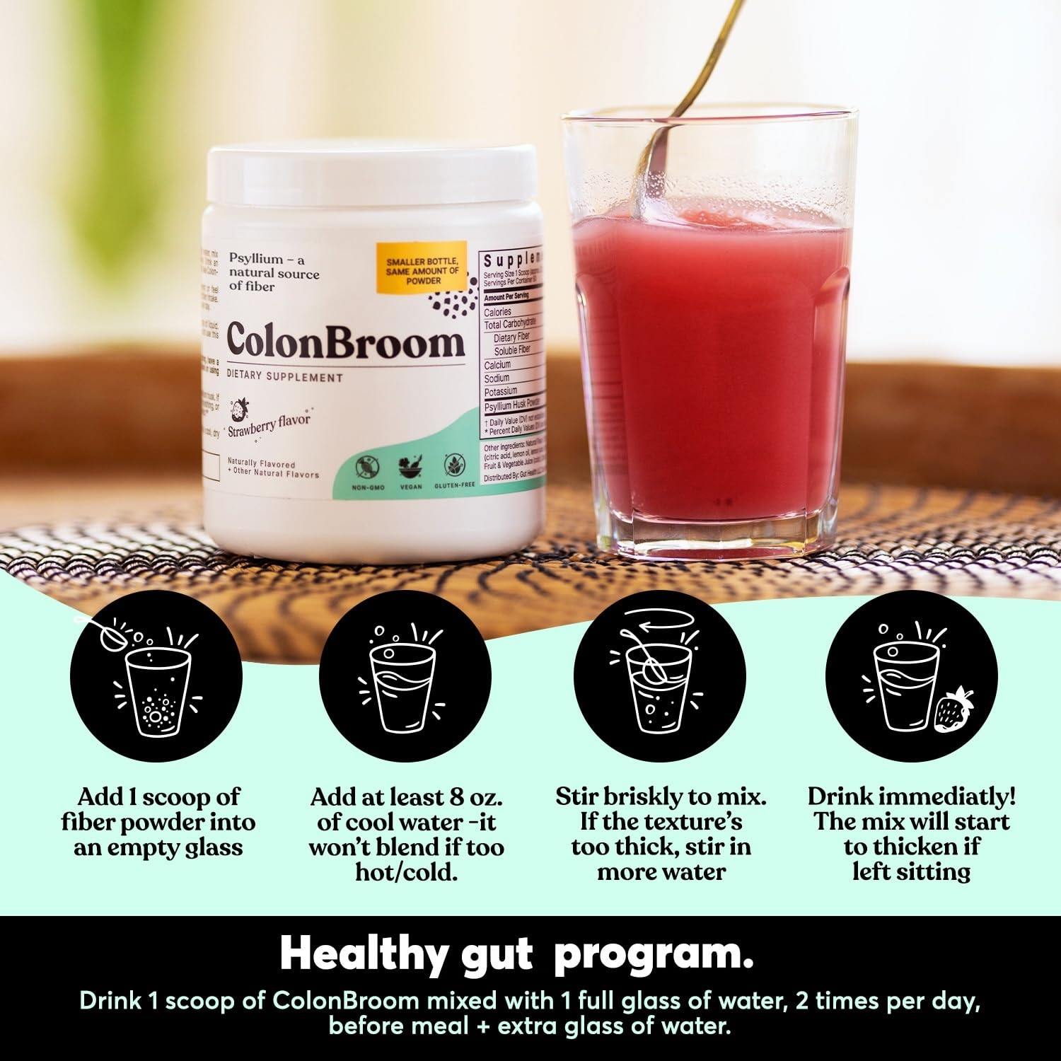ColonBroom Psyllium Husk Powder (Strawberry) - Colon Cleanse for Bloating Relief & Gut Health - Colon Broom Fiber Powder Drink - Vegan, Gluten Free, Non-GMO Fiber Powder Supplement, 50 Servings ColonBroom Au supplements