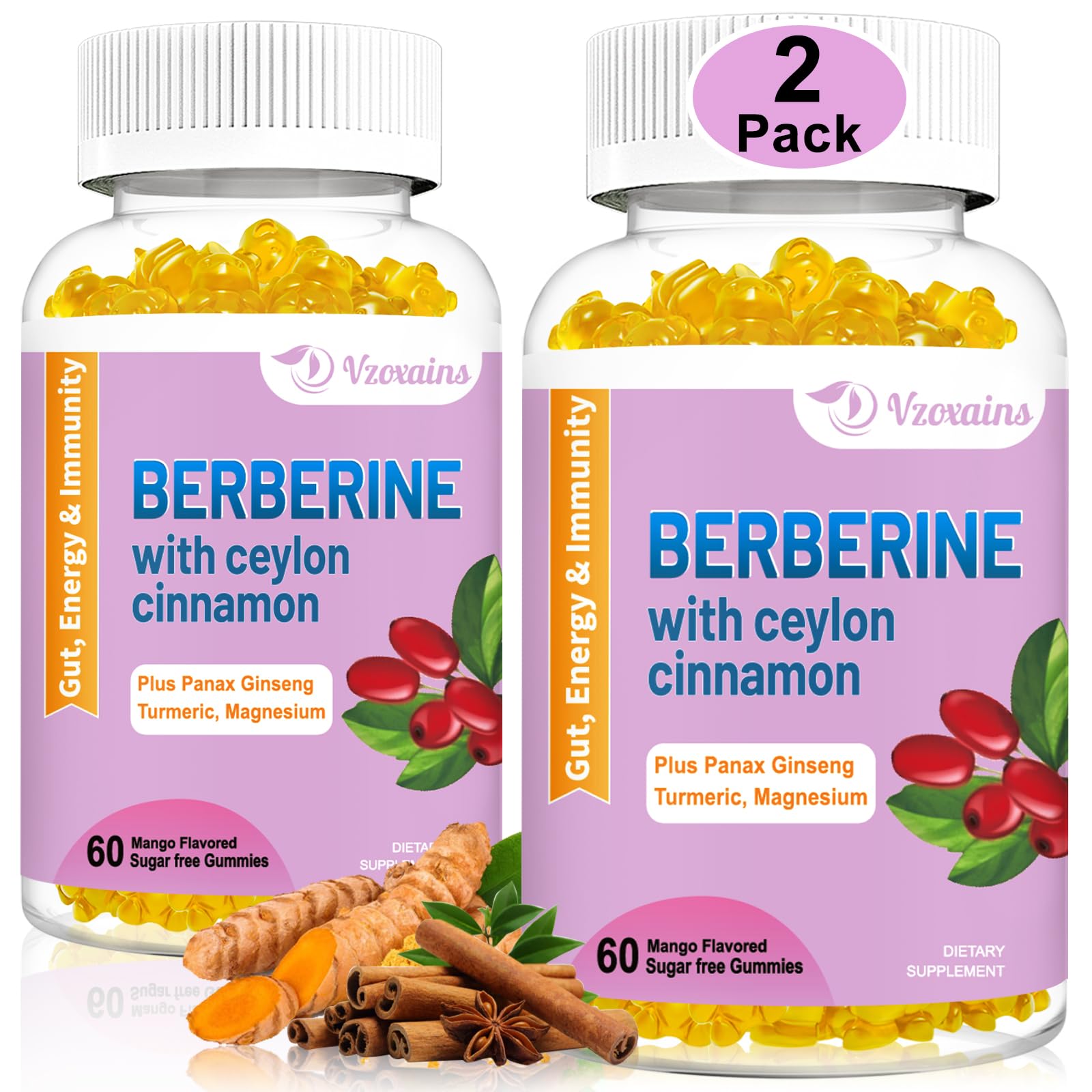 2 Pack Berberine with Ceylon Cinnamon Gummies, 2000mg High Potency Berberine HCI VZOXAINS Au supplements