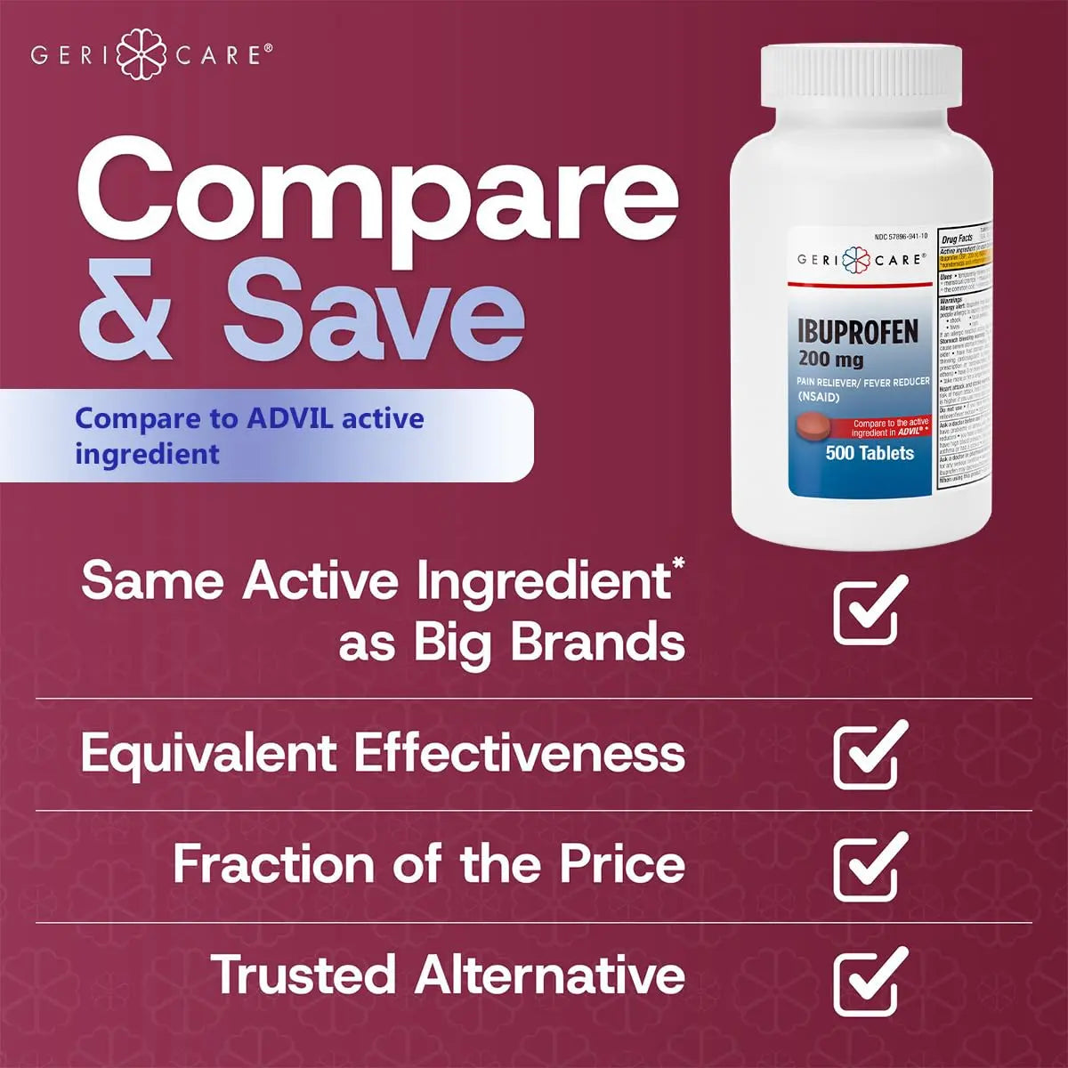 GeriCare Ibuprofen 200mg, Pain Reliever, Fever Reducer, Relieves Body Aches, 500 Count (Pack of 1) GeriCare Au supplements