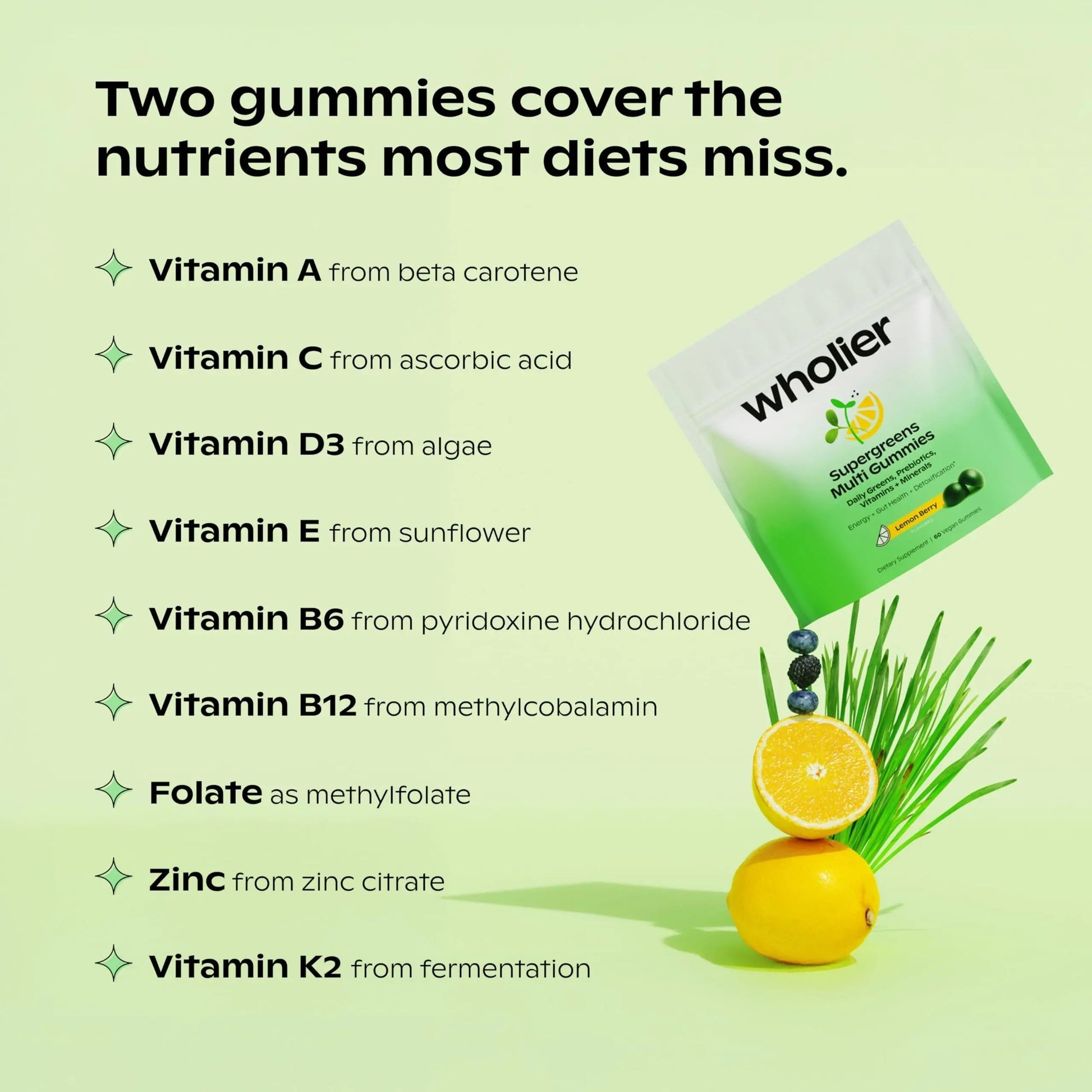 wholier Supergreens Multi Gummies, Daily Greens with Prebiotics, Fiber, Adaptogens, Plant-Based Multivitamin with 9 Essential Vitamins wholier Au supplements