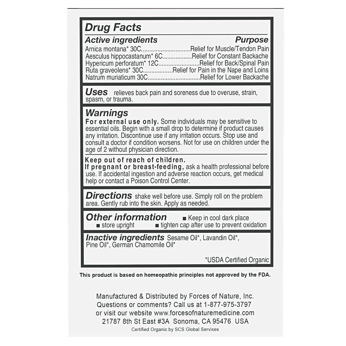 Forces of Nature Natural, Organic Back Pain Relief, w/Arnica & St John's Wort, Fast Acting Anti-Inflammatory Topical Muscle Soother for Lower Back, Sciatica, Neck, Non-GMO, Cruelty-Free, 0.14 Fl Oz Forces of Nature Au supplements