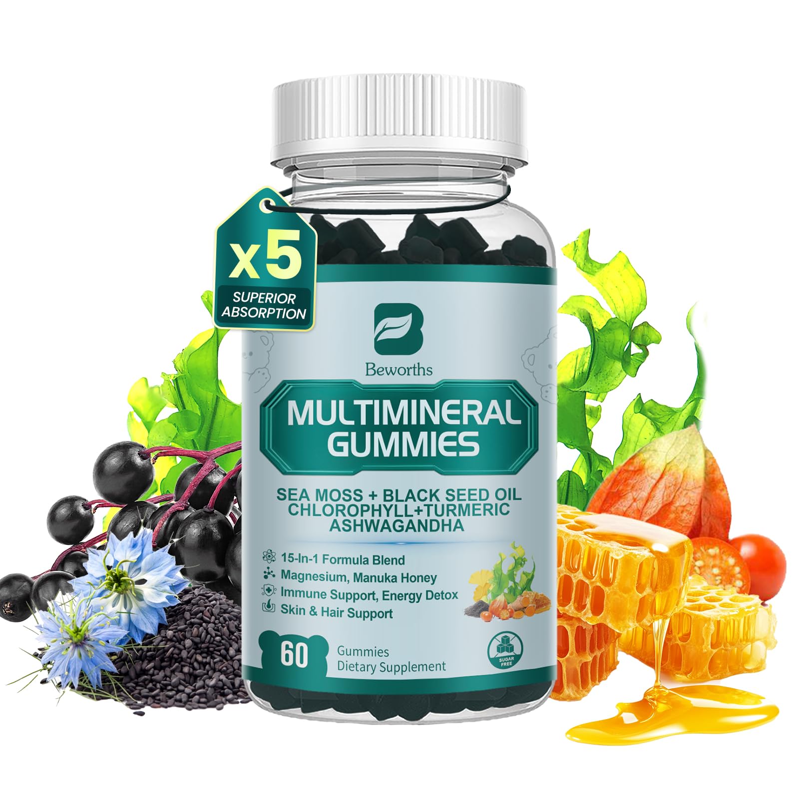 Sea Moss Gummies with Ashwagandha & Chlorophyll, Immune, Digestive and Gut Detox Support, Powered by Black Seed Oil, Vitamin C, Vitamin D & Magnesium, GMO, Vegan, Apple Flavor, 60 SeaMoss Gummies B BEWORTHS Au supplements