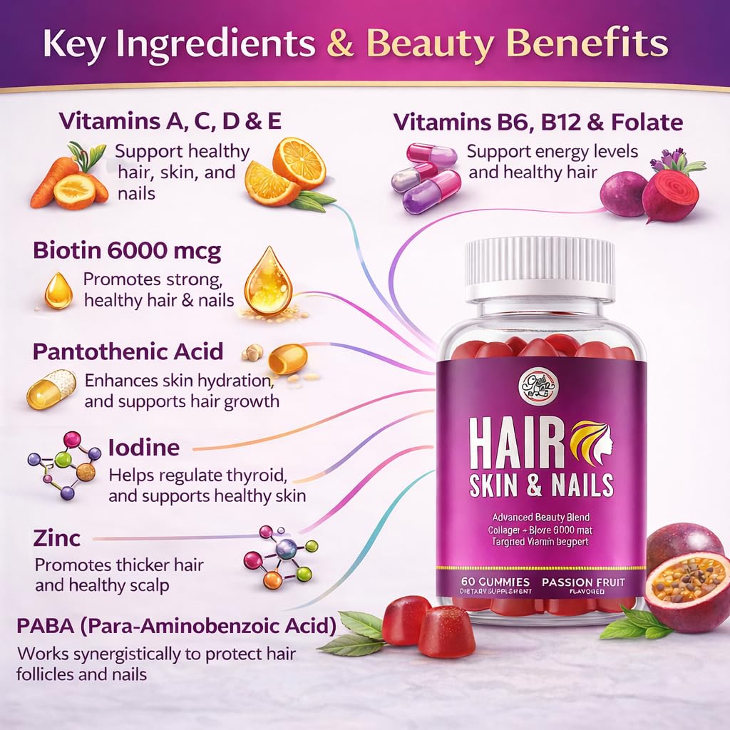 Grab The Gold Hair Skin & Nails Vitamins for Women | Gummies with 6000mcg Biotin & Collagen | 10 Essential Vitamin & Minerals | Gluten-Free, Non-GMO, Passion Fruit Flavor | 1 Month Supply, Made in USA Grab The Gold Au supplements