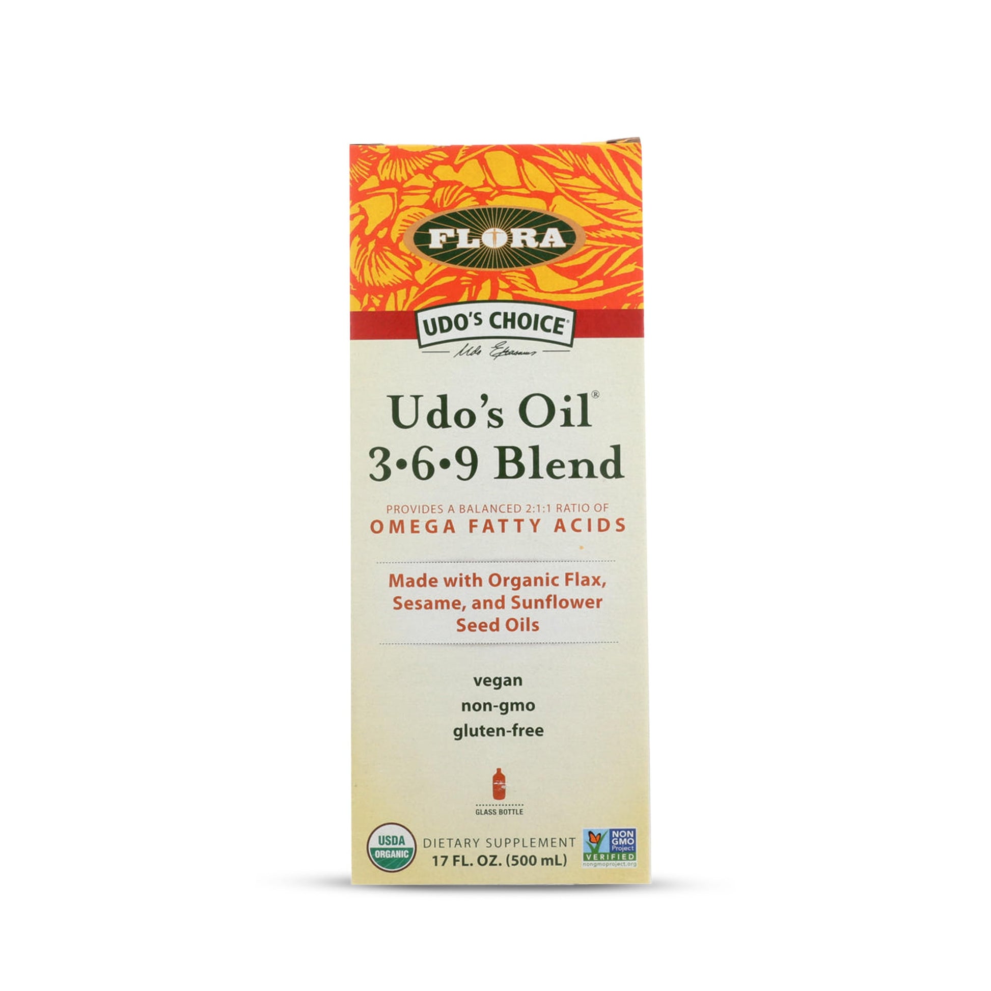 Flora - Udo's Choice Omega 369 Oil Blend, Made with Organic Flax, Sesame & Sunflower Seed Oils, Plant-Based Vegan Omega Fatty Acids, Based on Ideal 2:1:1 Ratio, 17-fl, oz. Glass Bottle Flora Au supplements