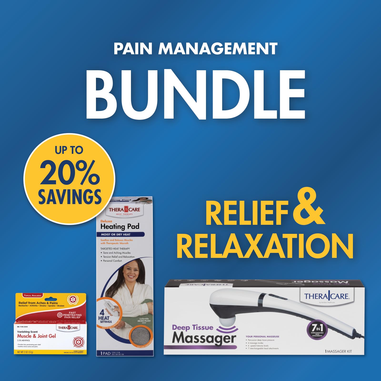 Pain Management Bundle 3-Piece | Personal Deep Tissue Massager | Muscle & Joint Pain Relief Gel | Deluxe Moist Dry Heating Pad | Therapeutic Care at Home | Whole Family Care Thera Care Au supplements