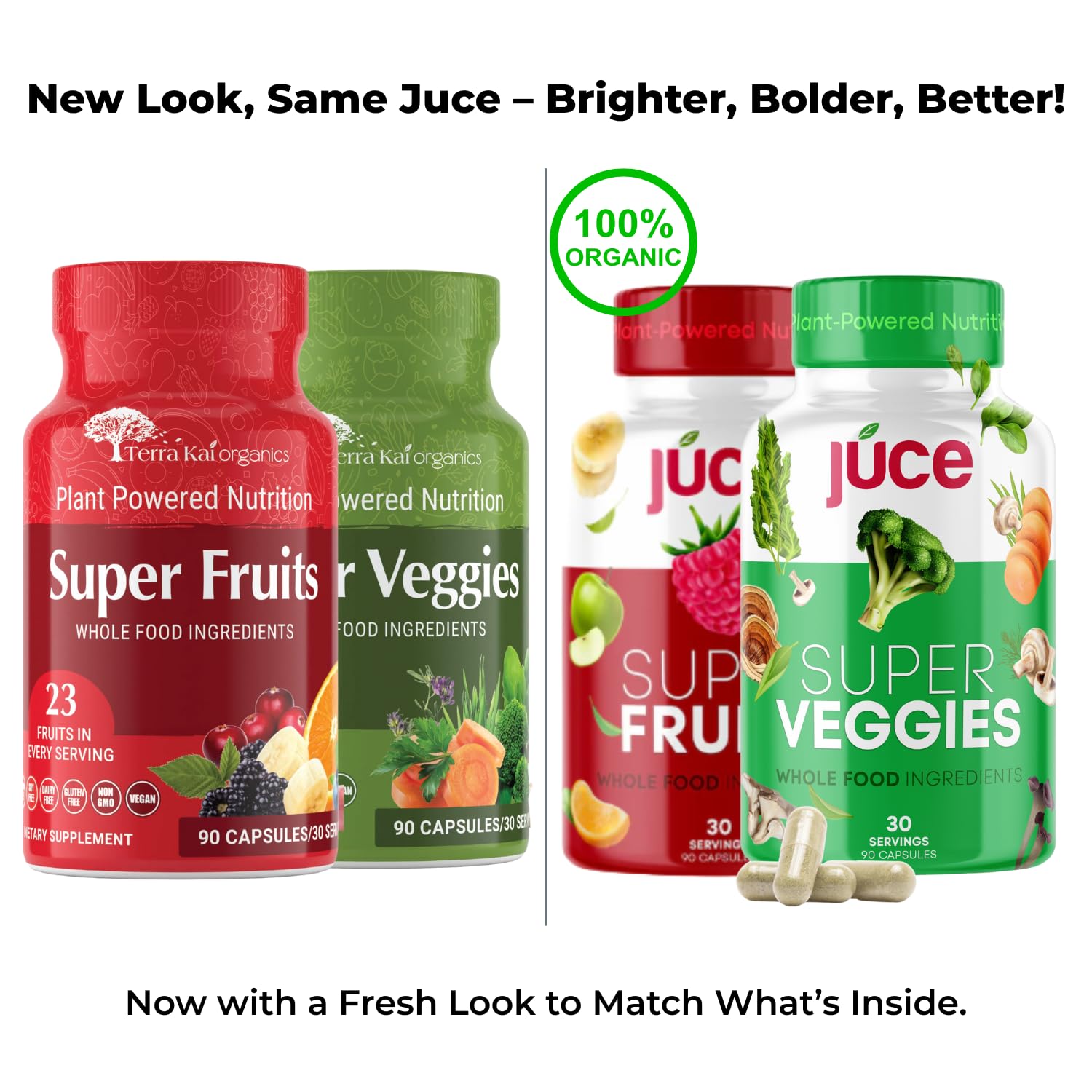 Juce Original Formula - Organic Super Fruit & Veggies Supplement - Gluten/Gelatin Free, Soy Free & Vegan- Reds & Greens Superfood Capsules- 23 Fruits & 23 Vegetables (180 Count)- By Terra Kai Organics Terra Kai Organics Au supplements