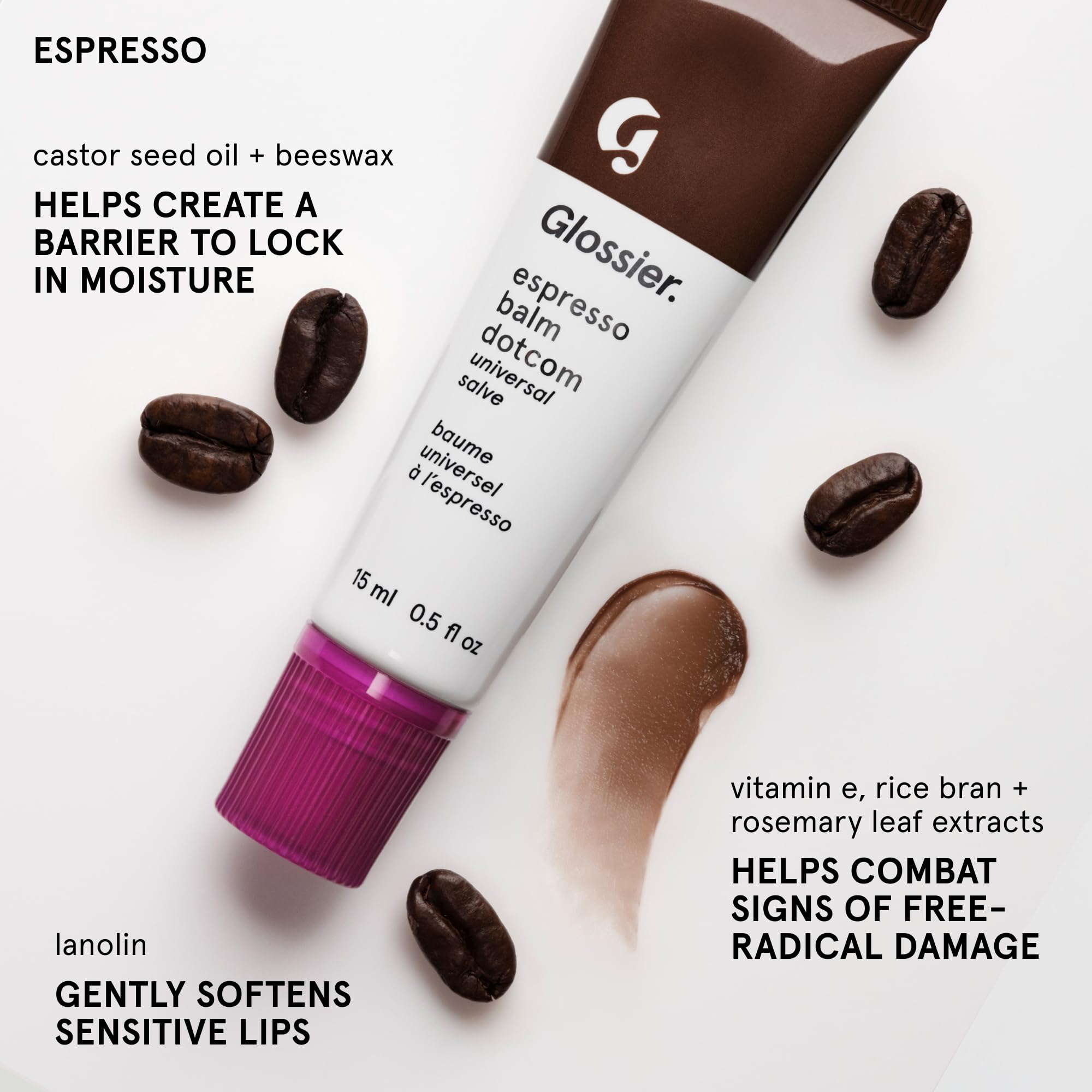 Glossier Balm Dotcom Hydrating Tinted Lip Balm - Universal Salve, Up to 12Hr Moisture for Dry Lips, Cuticles & Skin - Lanolin, Beeswax & Castor Oil - Espresso, Mocha Tint, 15ml Glossier Au supplements