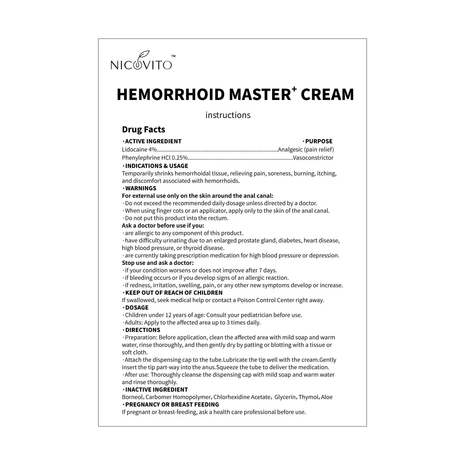 NICOVITO Hemorrhoid & Fissure Treatment Cream, 4% Lidocaine & Phenylephrine HCl Ointment, Maximum Strength Fast Relief for Pain, Itching & Swelling, External Use (0.7 oz) NICOVITO Au supplements